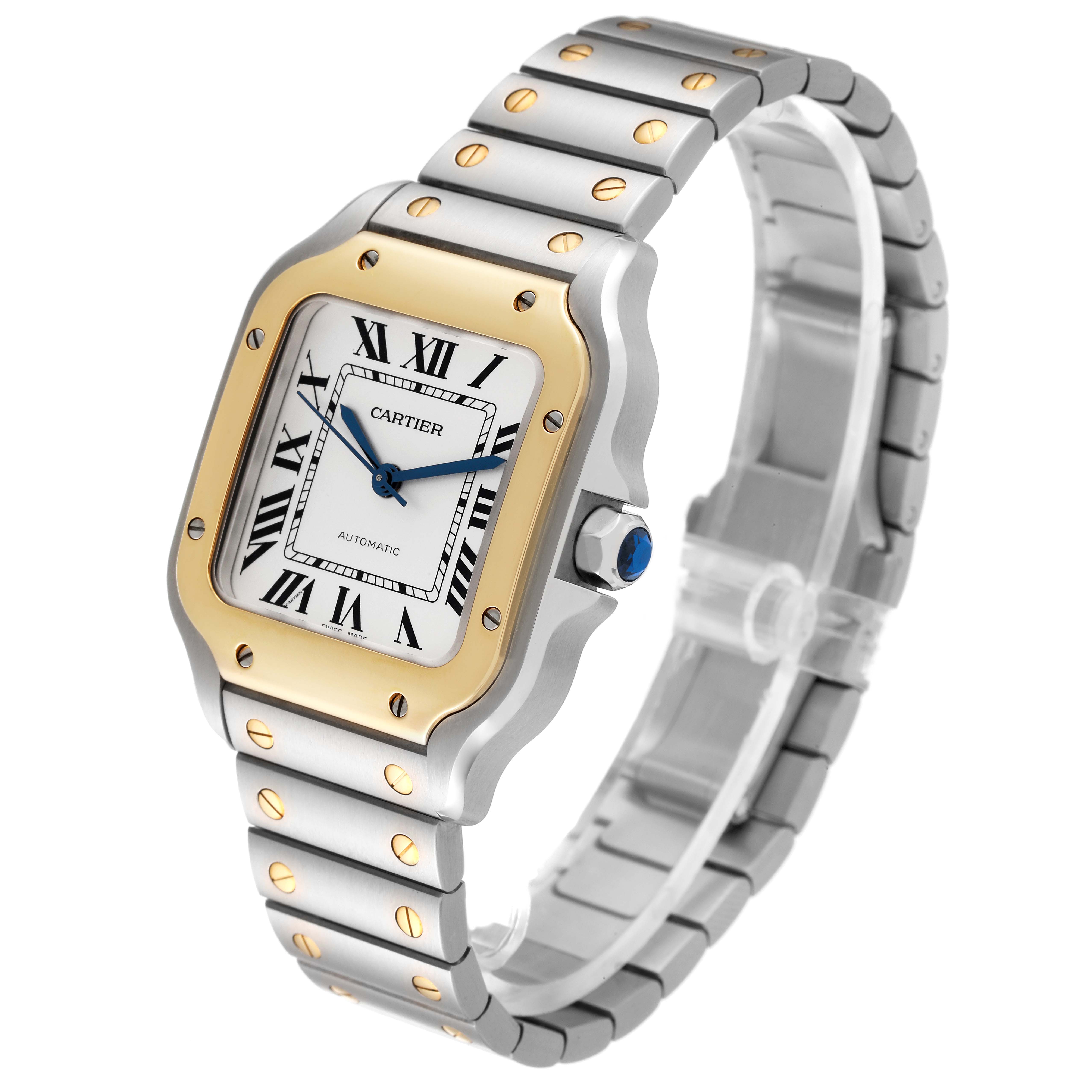 This Cartier Santos W2SA0016 Men
s Steel and Gold (two tone) Silver Dial W2SA0016 Men
s Steel and Gold (two tone) Silver Dial watch is shown at a three-quarter angle, highlighting its face, bezel, crown, and bracelet.