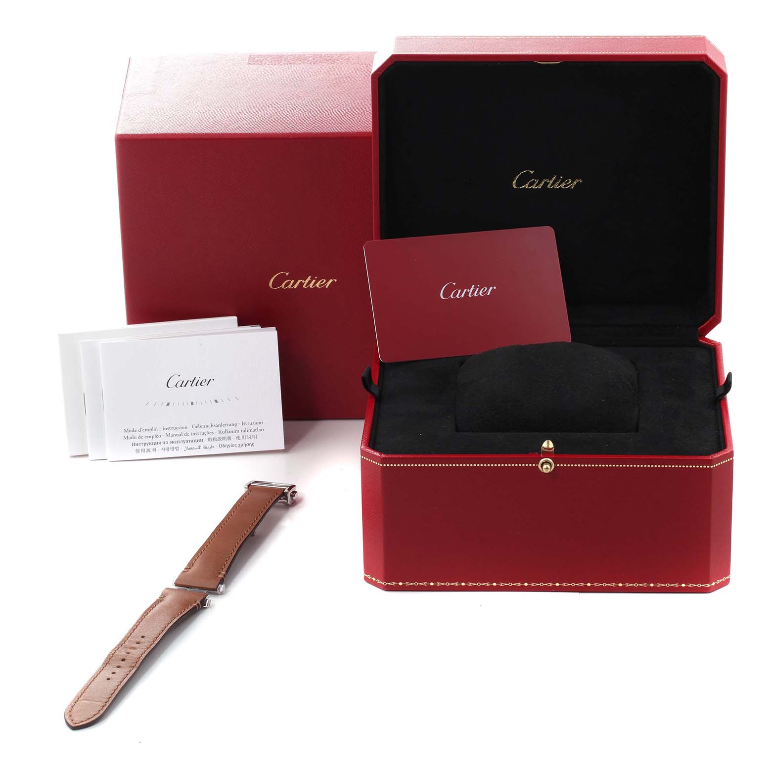 The image shows a Santos model by Cartier watch accessories, including a red box, leather strap, manual, and Best Quality
ity card.