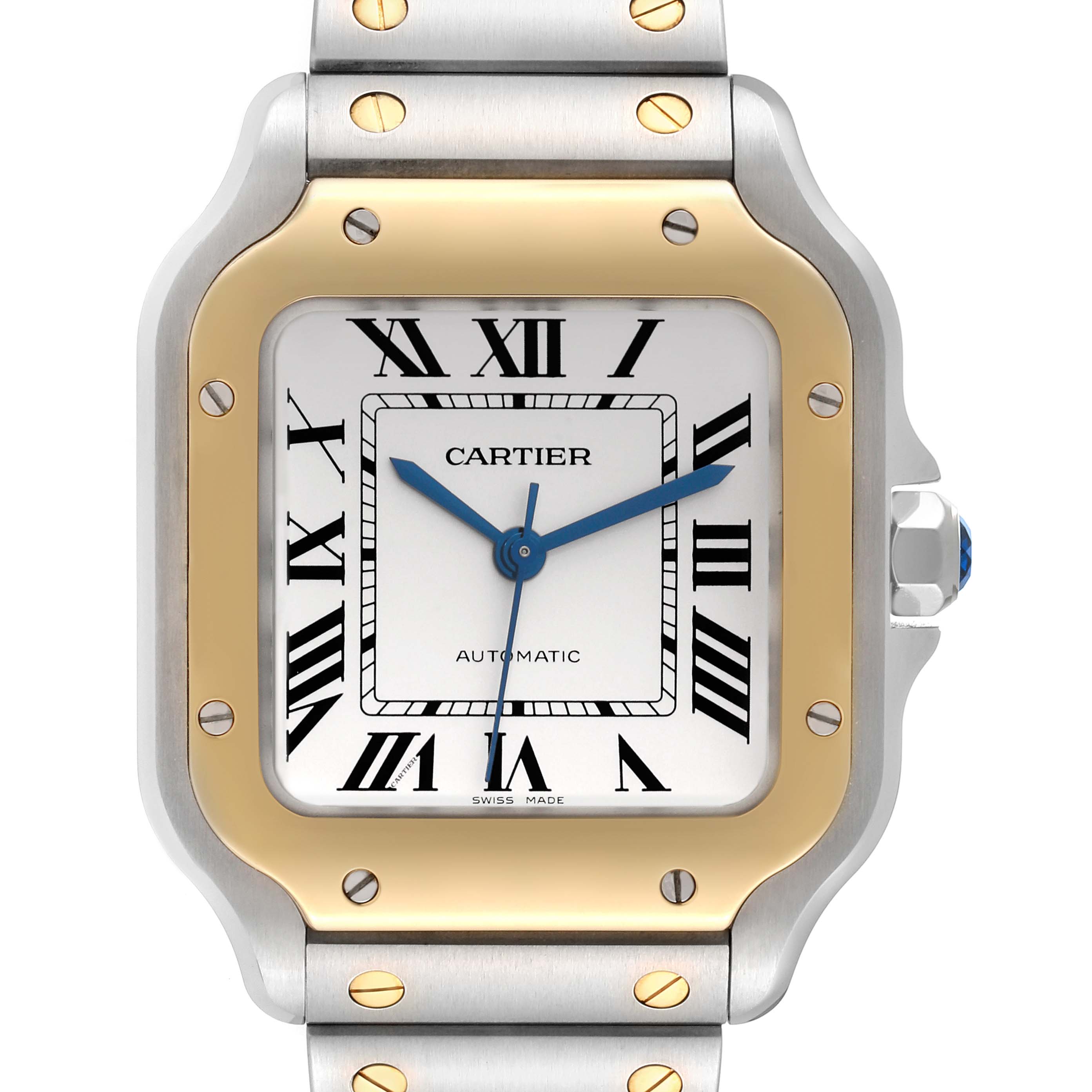 The image shows a close-up of the Cartier Santos W2SA0016 Men
s Steel and Gold (two tone) Silver Dial W2SA0016 Men
s Steel and Gold (two tone) Silver Dial watch face, showcasing its bezel, dial, and part of the bracelet.