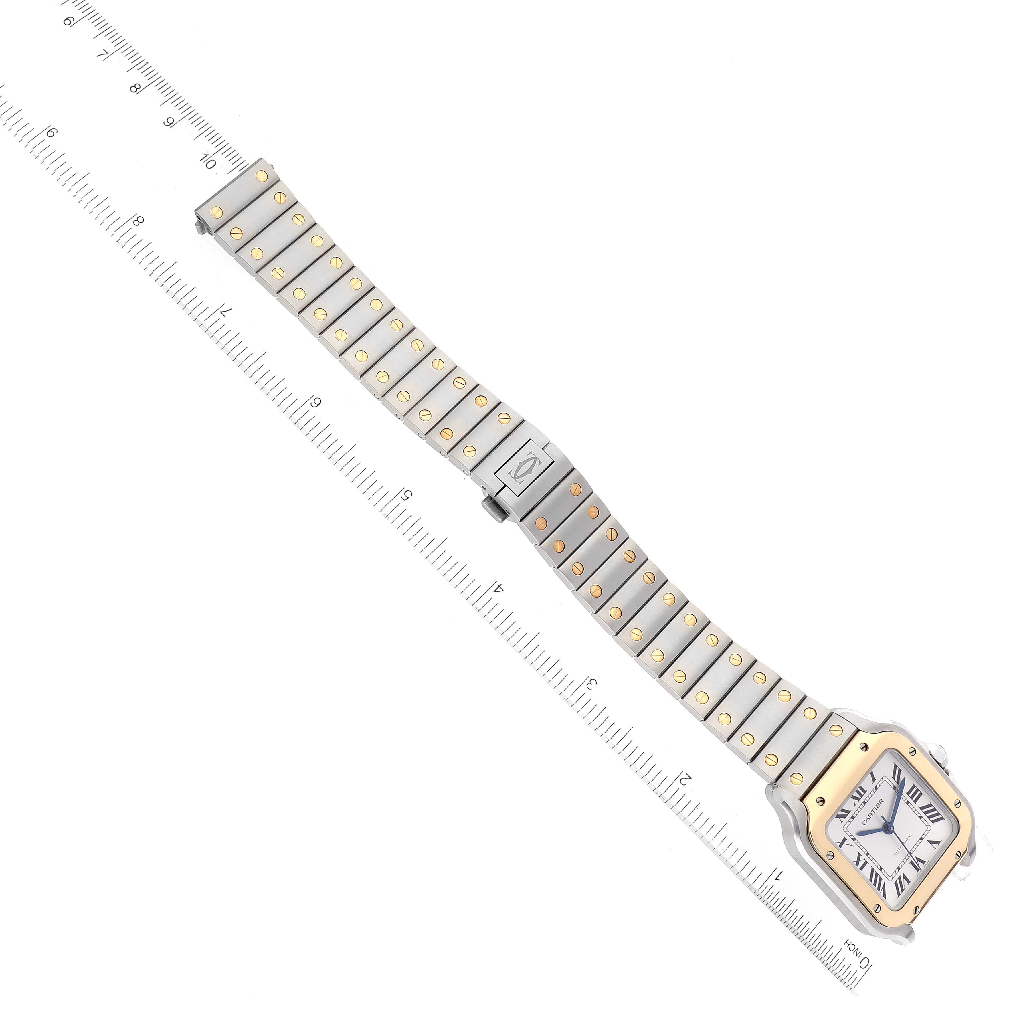 The Cartier Santos W2SA0016 Men
s Steel and Gold (two tone) Silver Dial W2SA0016 Men
s Steel and Gold (two tone) Silver Dial watch is shown from a top-down angle, fully extended with its bracelet and face visible.