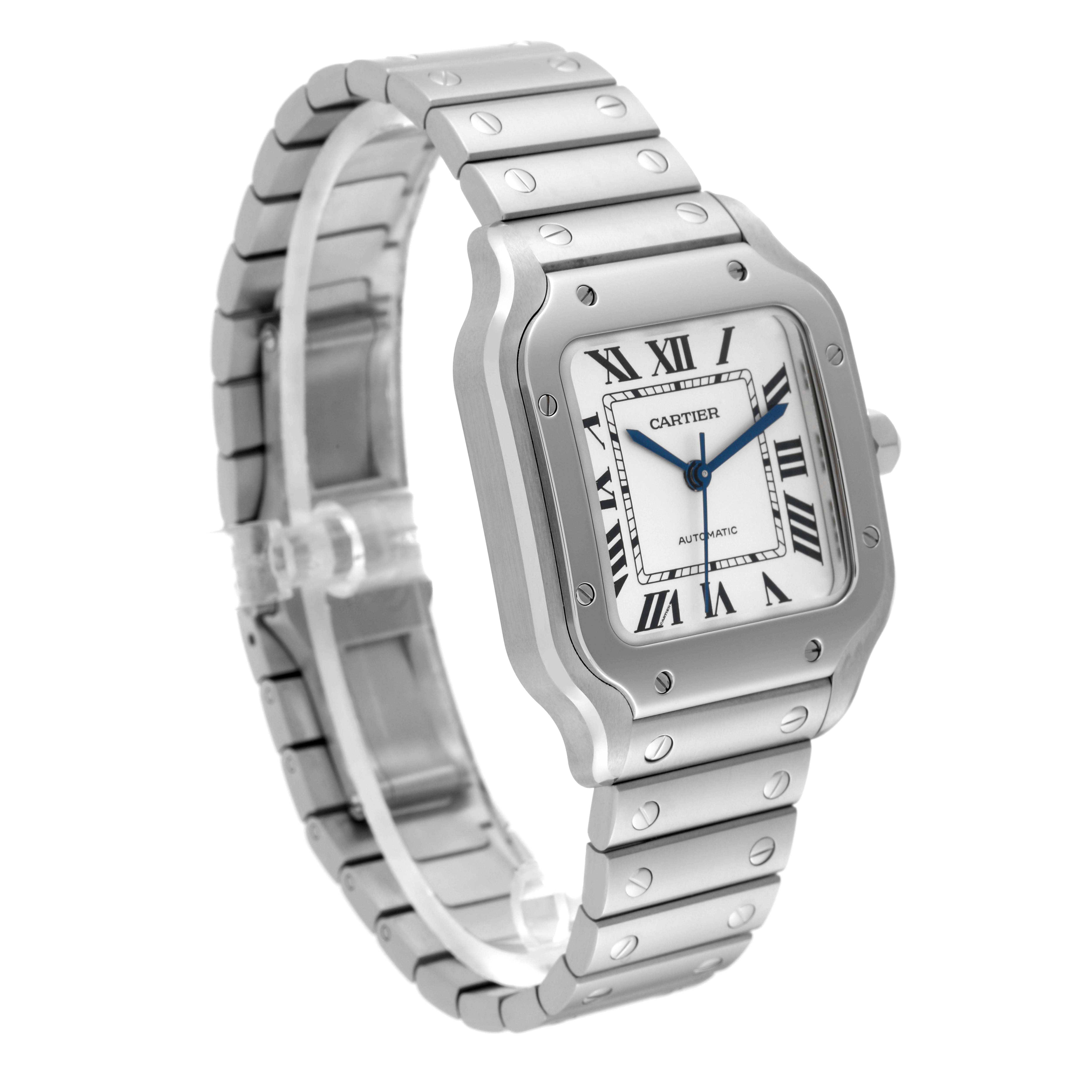 This image shows a side and front angle of a Cartier Santos WSSA0029 Men
s Stainless Steel Silver Dial WSSA0029 Men
s Stainless Steel Silver Dial model watch, highlighting its metal bracelet and square face.