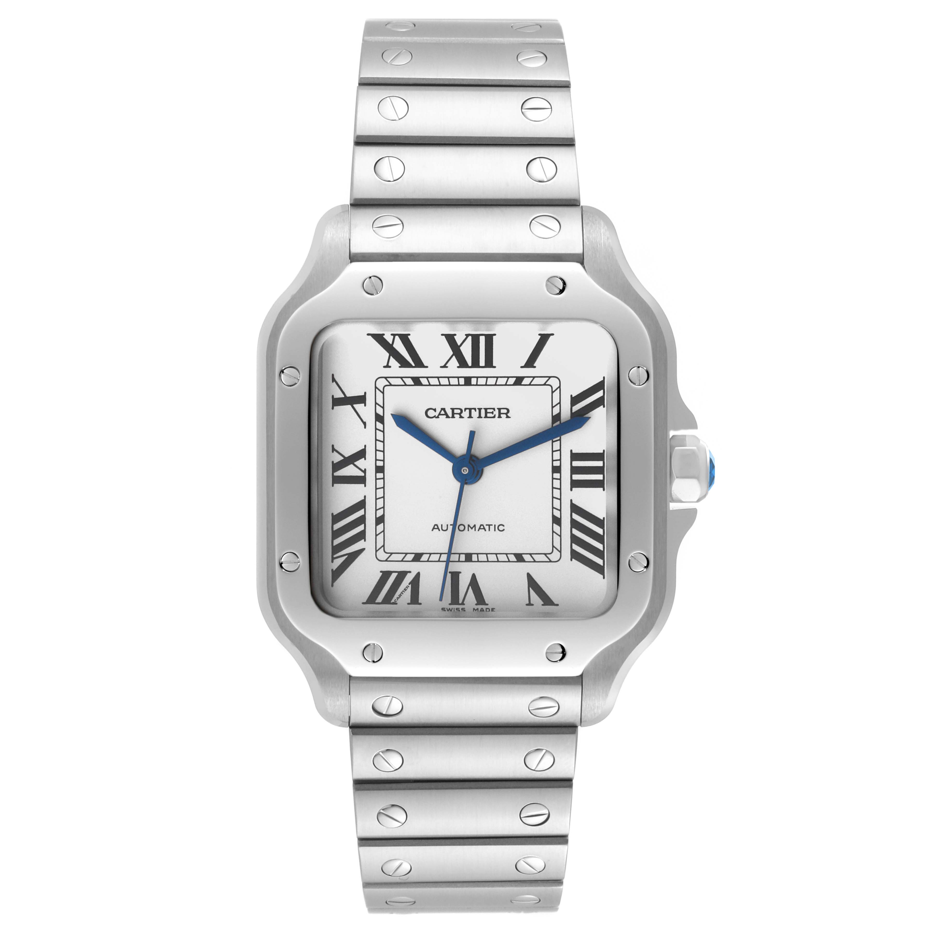 This image shows a front view of the Cartier Santos WSSA0029 Men
s Stainless Steel Silver Dial WSSA0029 Men
s Stainless Steel Silver Dial watch, displaying its face, bezel, and metal bracelet.