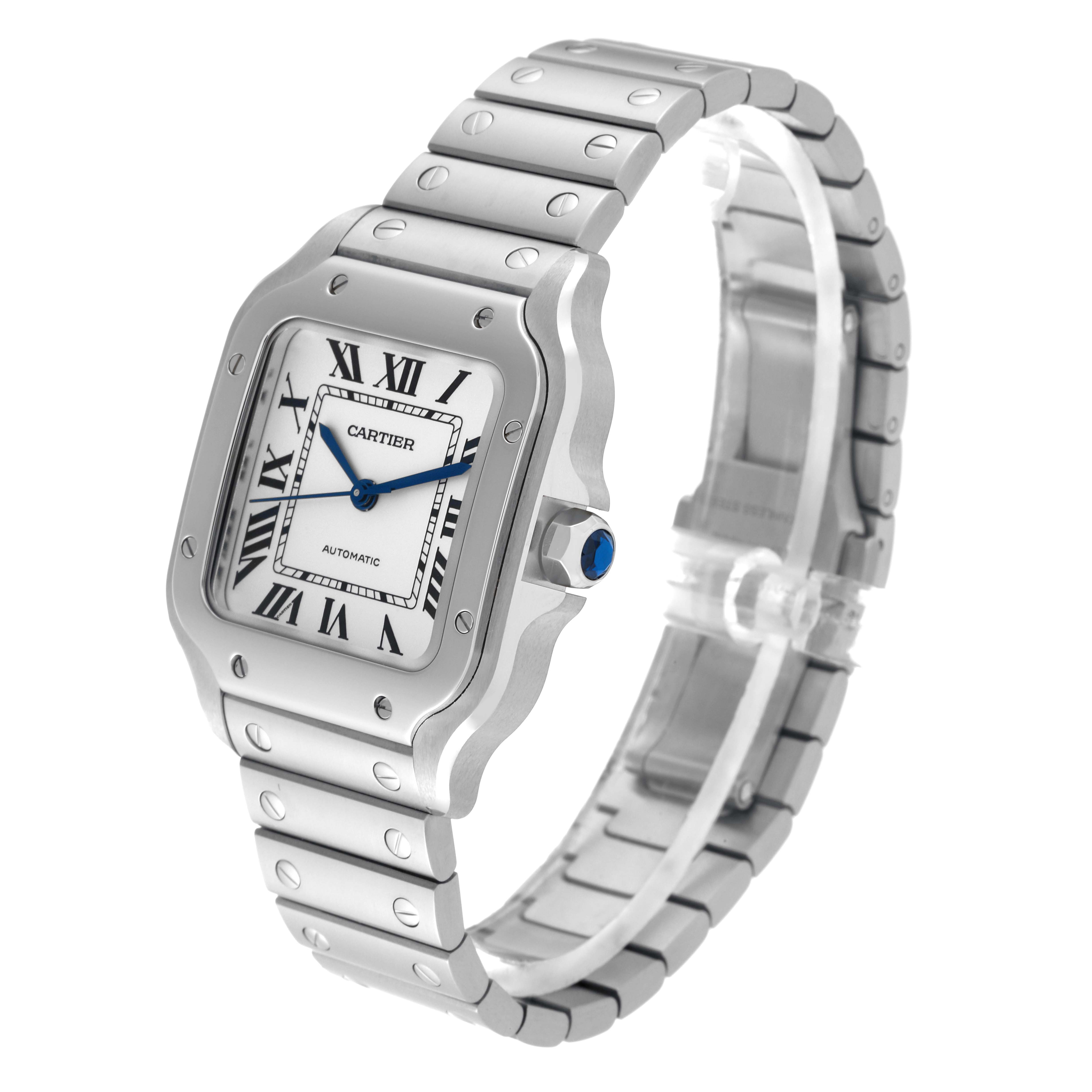 This Cartier Santos WSSA0029 Men
s Stainless Steel Silver Dial WSSA0029 Men
s Stainless Steel Silver Dial watch is shown at a three-quarter angle, displaying its face, bezel, crown, and bracelet.