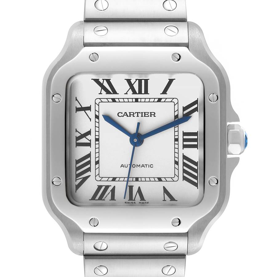 Cartier Santos Silver Dial Medium Steel Mens Watch WSSA0029 Box Card SwissWatchExpo