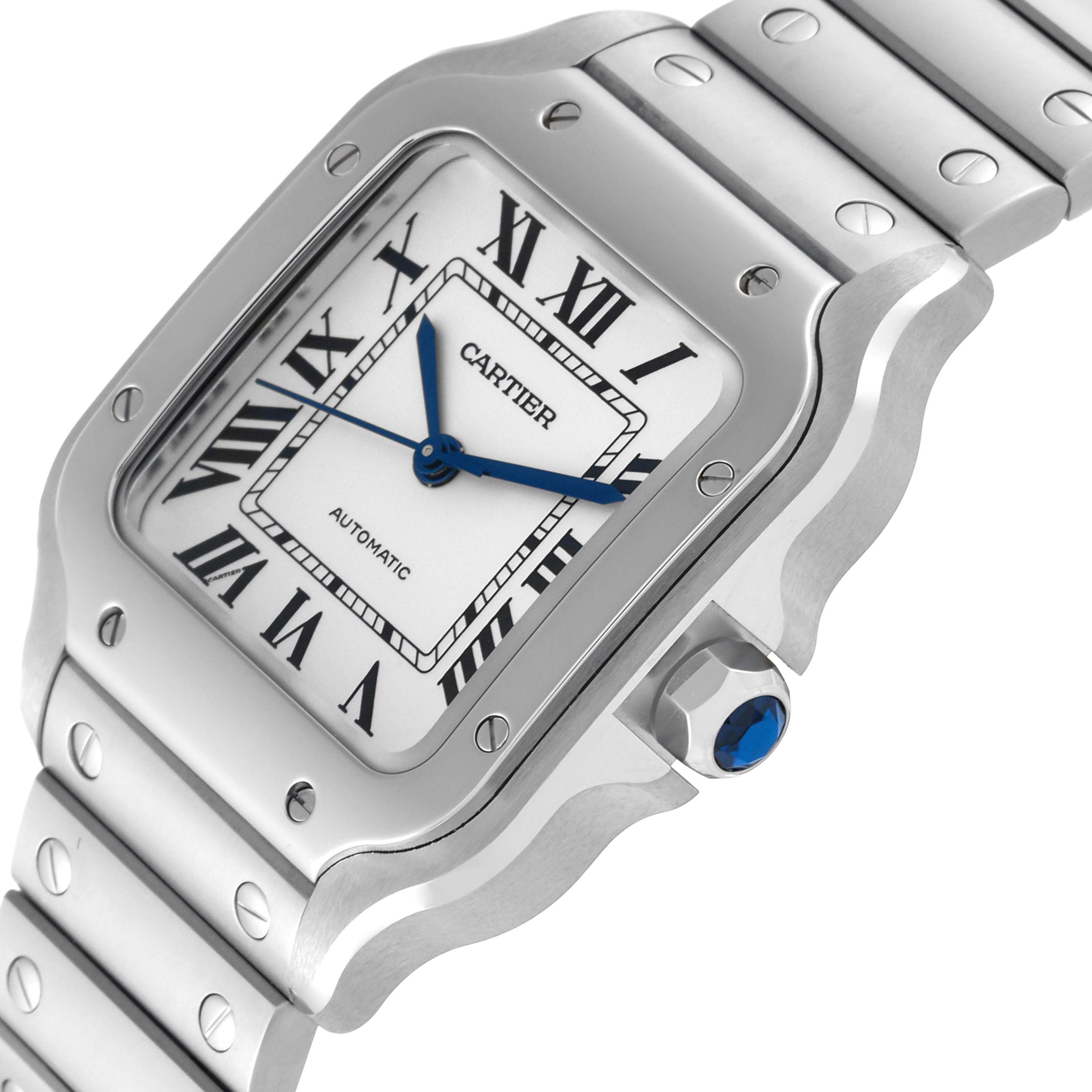 This image shows a close-up angle of the Cartier Santos WSSA0029 Men
s Stainless Steel Silver Dial WSSA0029 Men
s Stainless Steel Silver Dial model watch, highlighting the case, dial, crown, and bracelet.