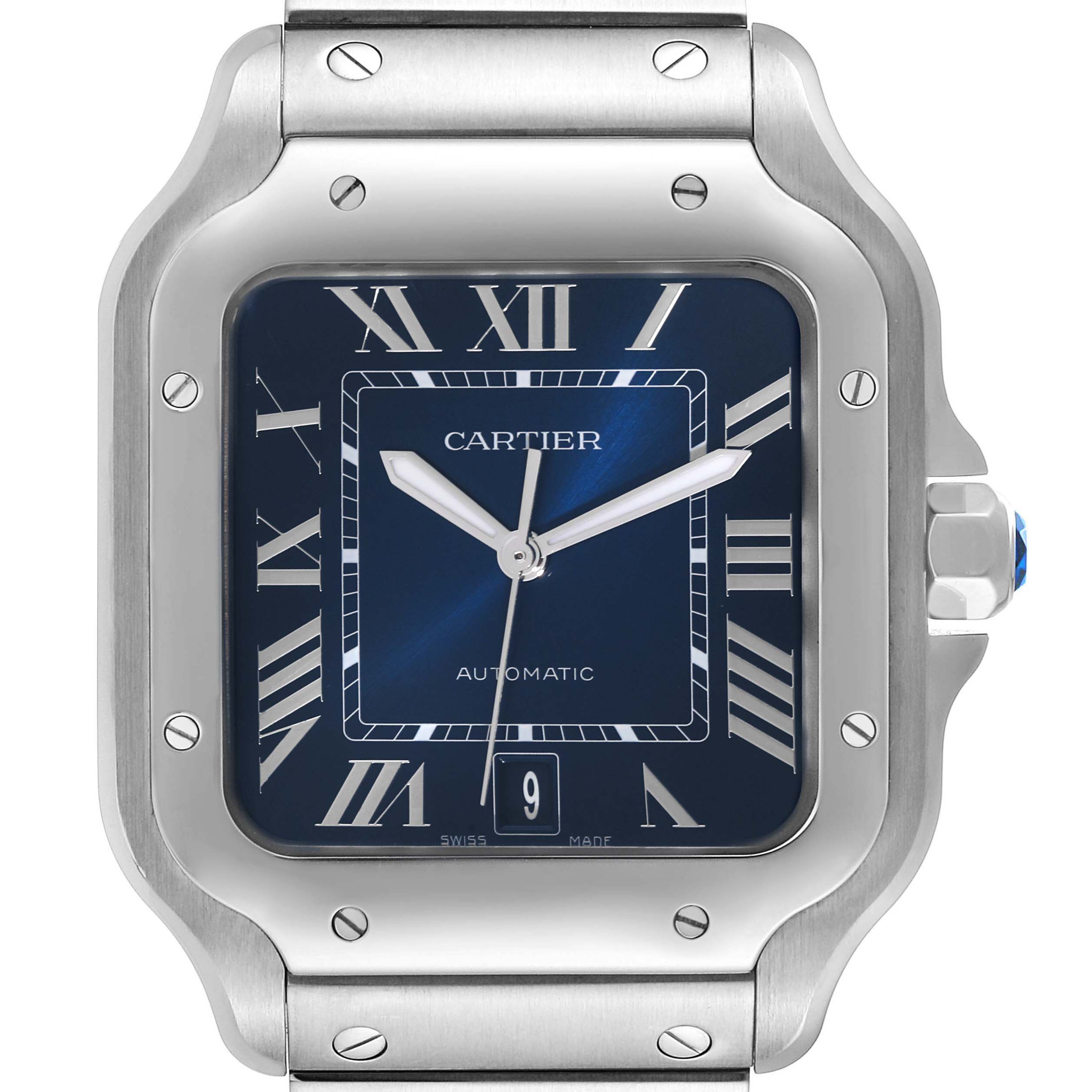This image shows a close-up of the Cartier Santos WSSA0030 Men's Stainless Steel Blue Dial WSSA0030 Men's Stainless Steel Blue Dial model watch, highlighting the face, bezel, and part of the bracelet.