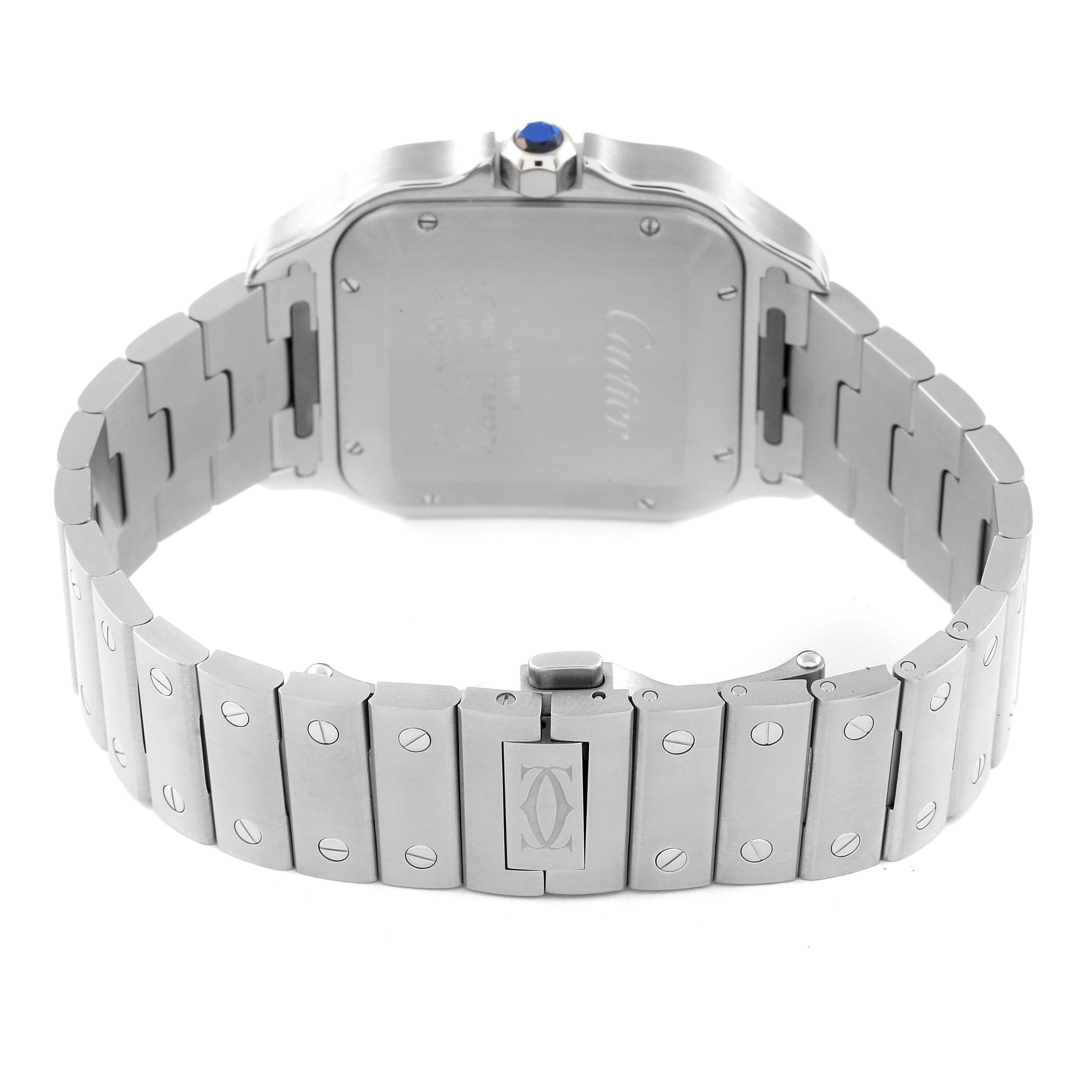 This image shows the back and bracelet of a Cartier Santos WSSA0030 Men's Stainless Steel Blue Dial WSSA0030 Men's Stainless Steel Blue Dial watch, highlighting the case back, clasp, and band.