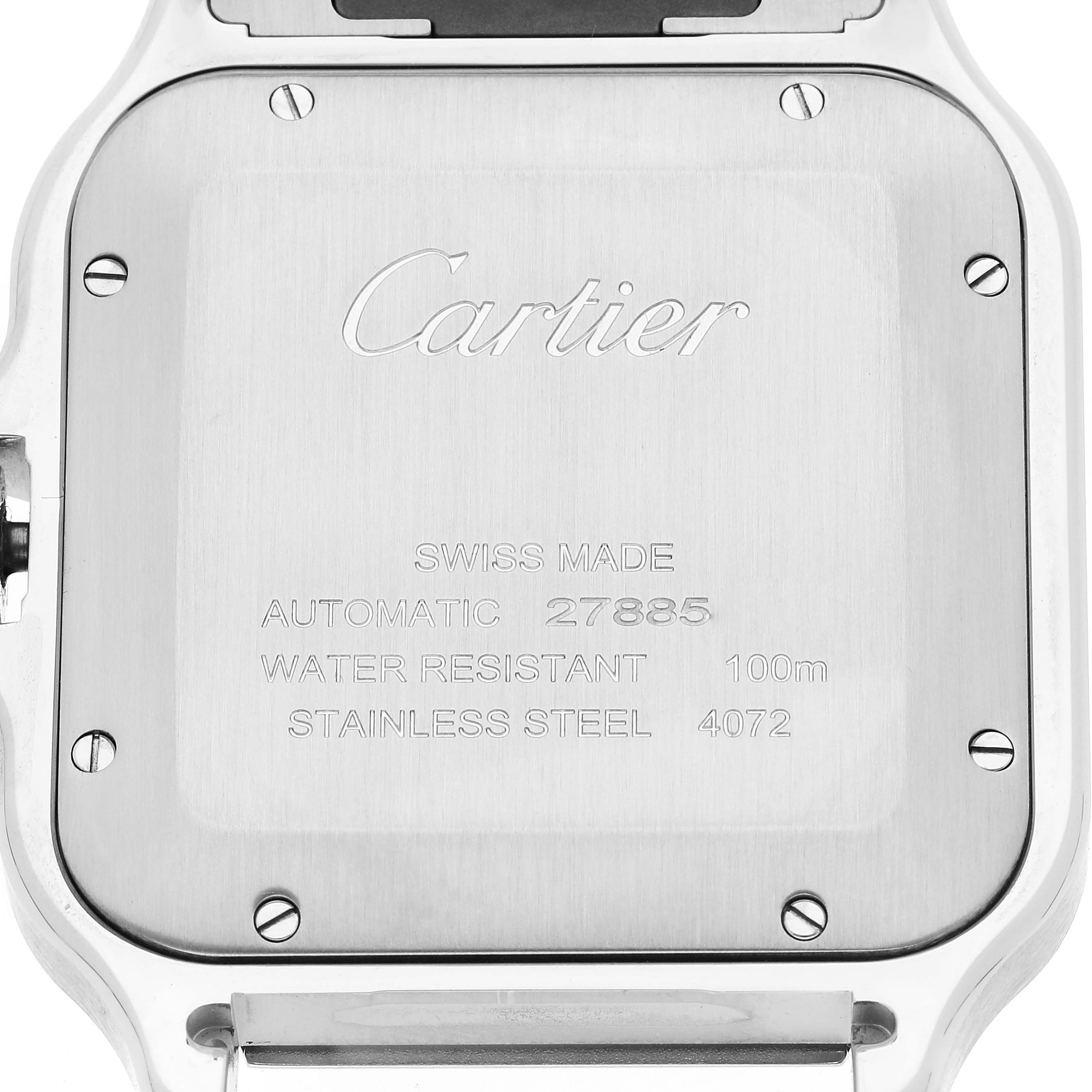 The image shows the back case of a Cartier Santos WSSA0030 Men's Stainless Steel Blue Dial WSSA0030 Men's Stainless Steel Blue Dial watch.