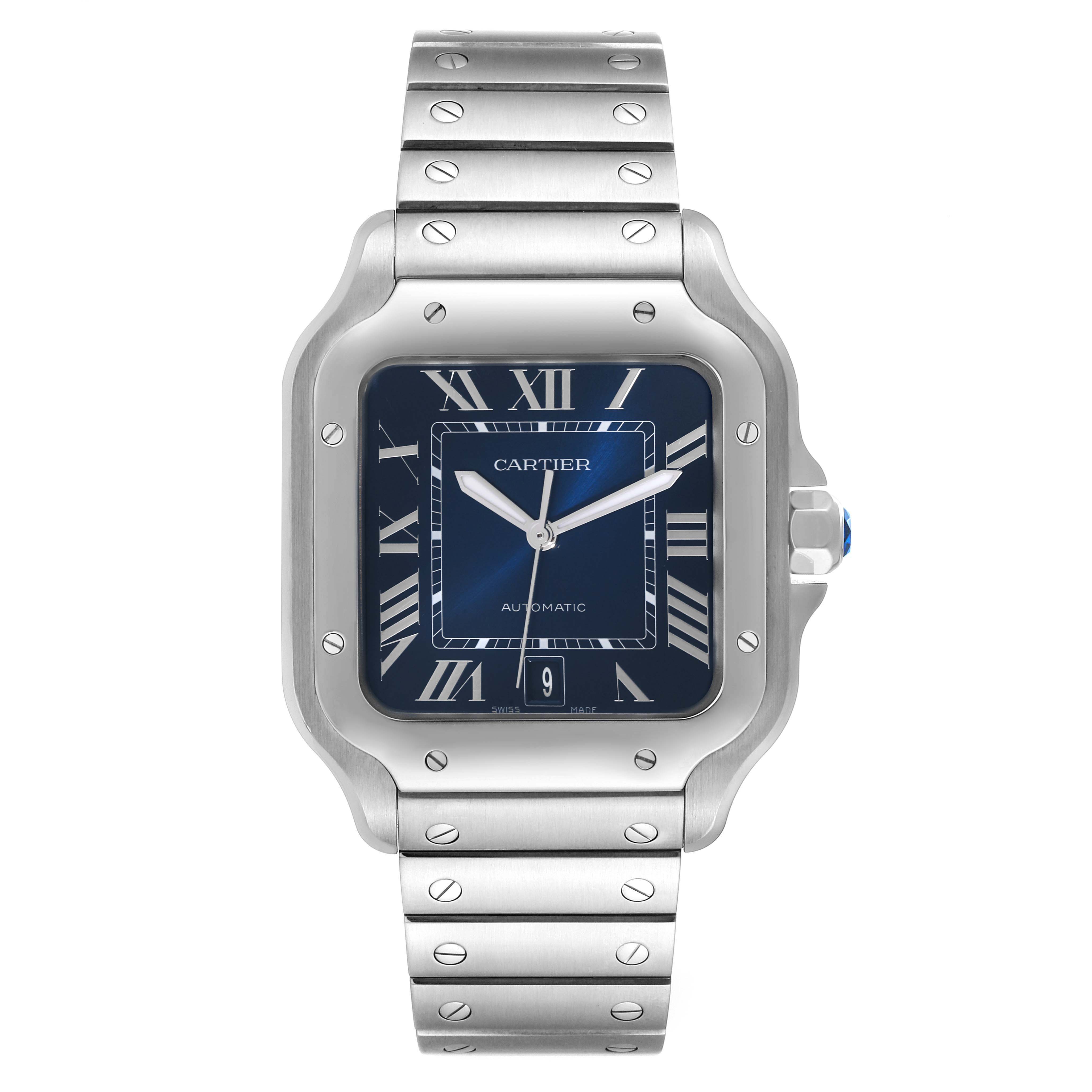 The image shows a front view of the Cartier Santos WSSA0030 Men's Stainless Steel Blue Dial WSSA0030 Men's Stainless Steel Blue Dial wristwatch, highlighting the face, bezel, and bracelet.