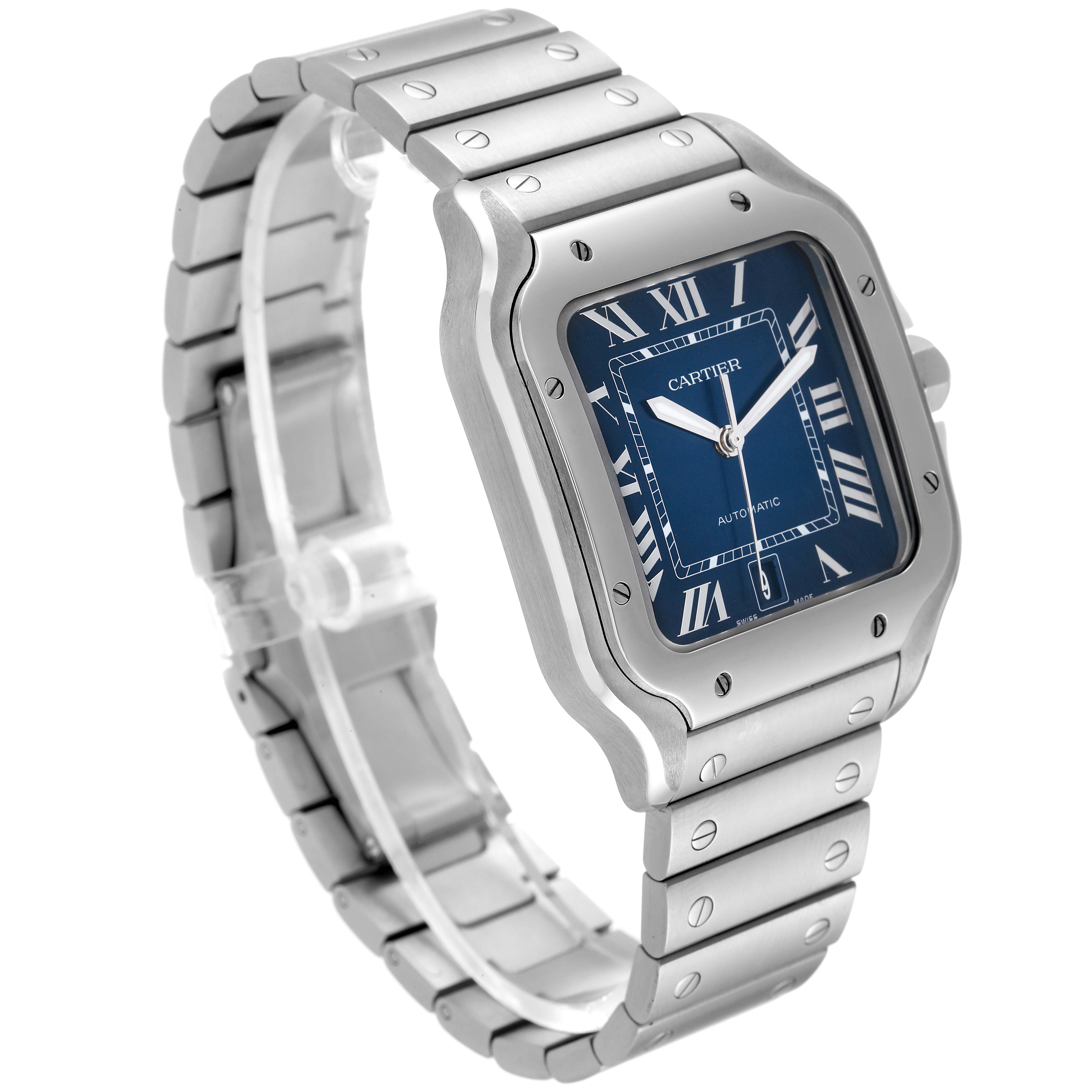 The image shows a Cartier Santos WSSA0030 Men's Stainless Steel Blue Dial WSSA0030 Men's Stainless Steel Blue Dial watch at a three-quarter angle, highlighting the case, bracelet, and blue dial.