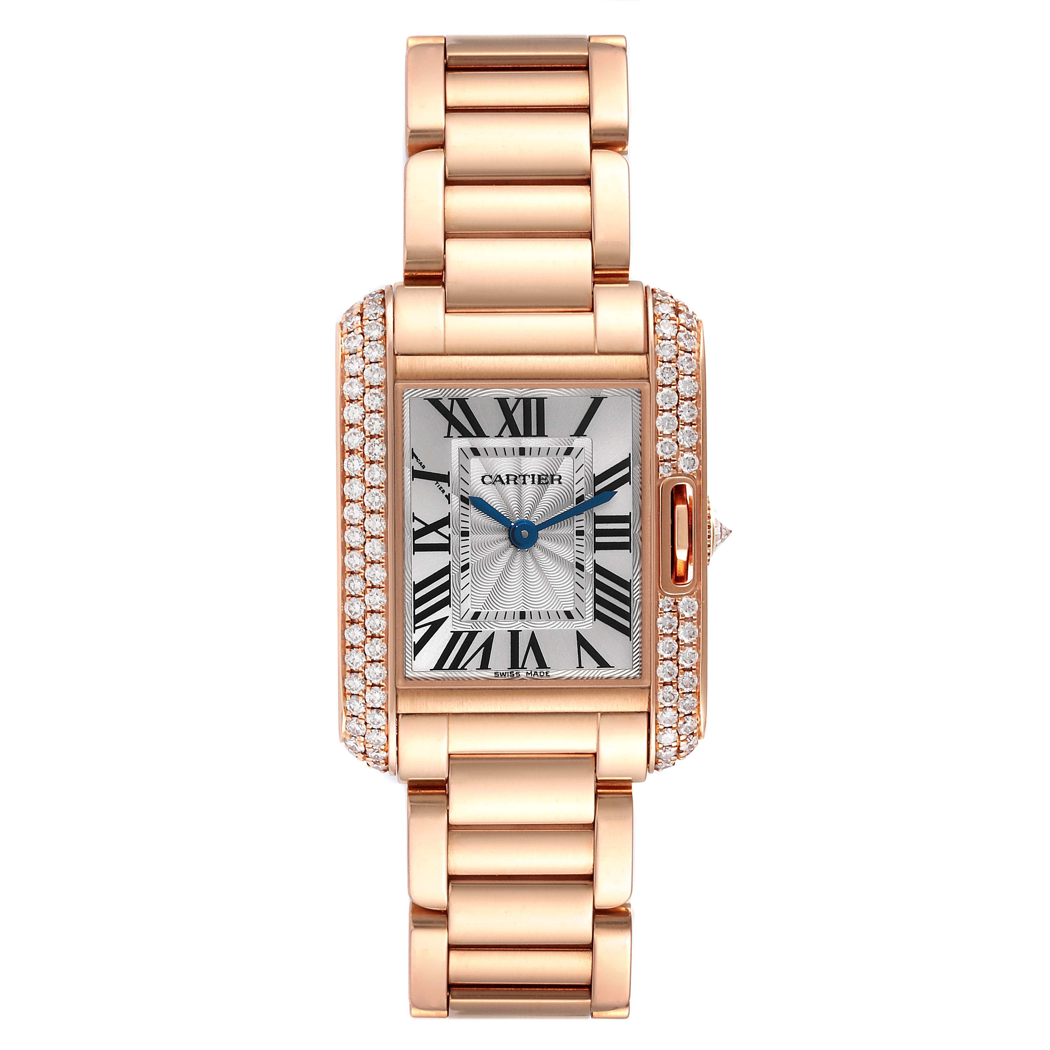 The image shows a front view of a Cartier Tank Anglaise WT100002 Women
s Rose Gold Silver Dial WT100002 Women
s Rose Gold Silver Dial watch, highlighting its face, rose gold bracelet, and diamond accents.
