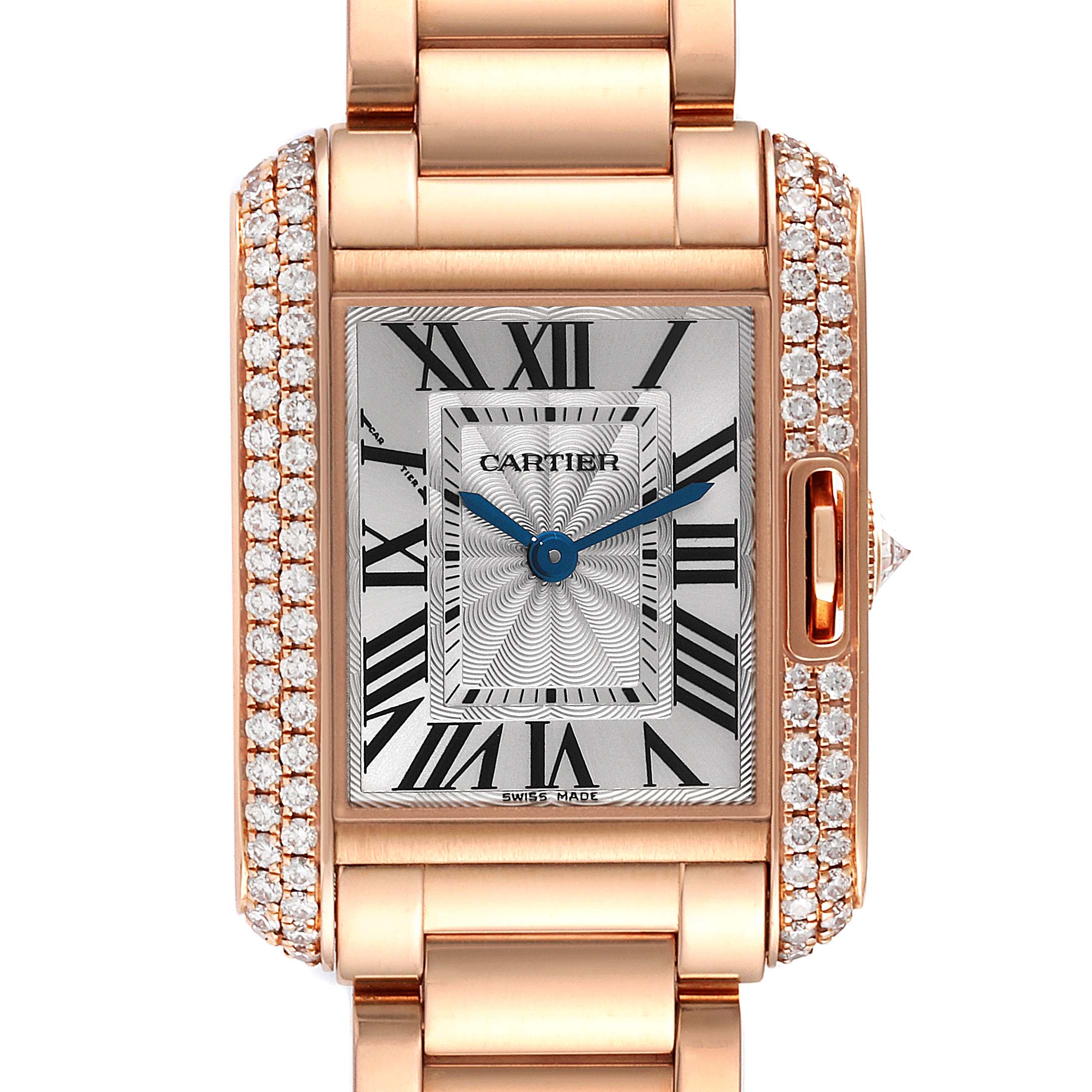 This image shows a close-up of the dial and part of the bracelet of the Cartier Tank Anglaise WT100002 Women
s Rose Gold Silver Dial WT100002 Women
s Rose Gold Silver Dial watch.