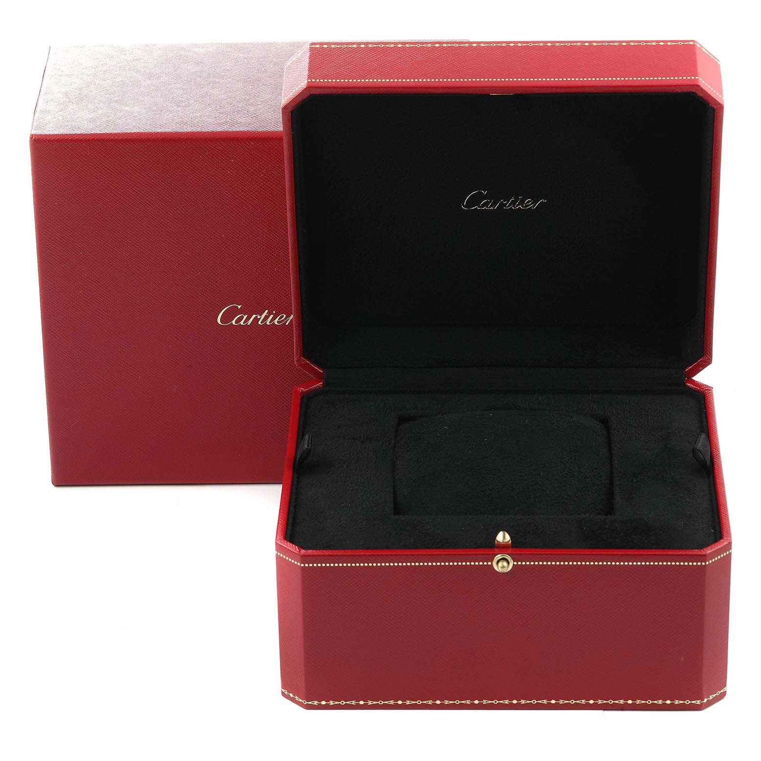 The image shows an open red Cartier box, likely for the Tank Anglaise model watch.