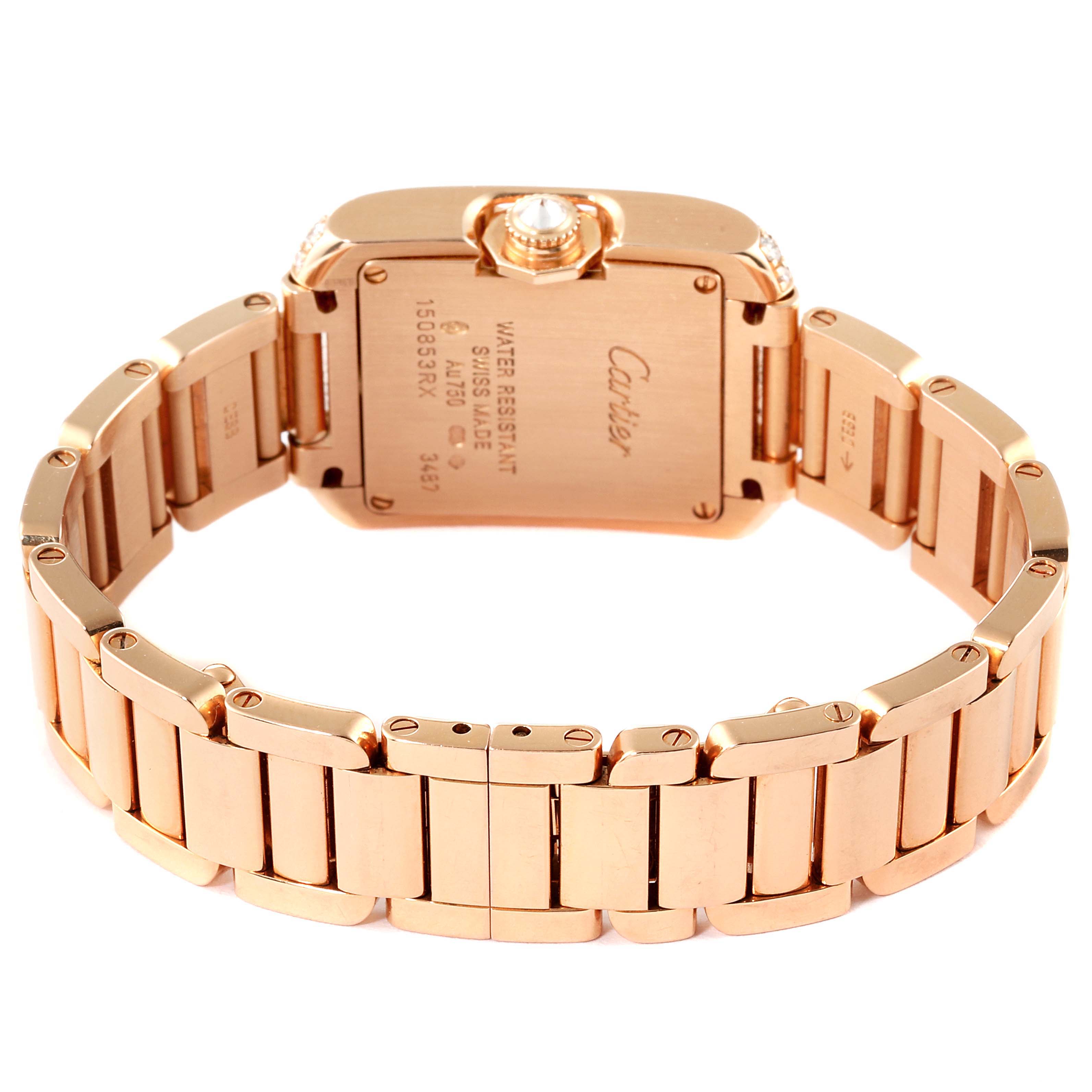 The image shows the back view of the Cartier Tank Anglaise WT100002 Women
s Rose Gold Silver Dial WT100002 Women
s Rose Gold Silver Dial watch, highlighting its case back and bracelet.