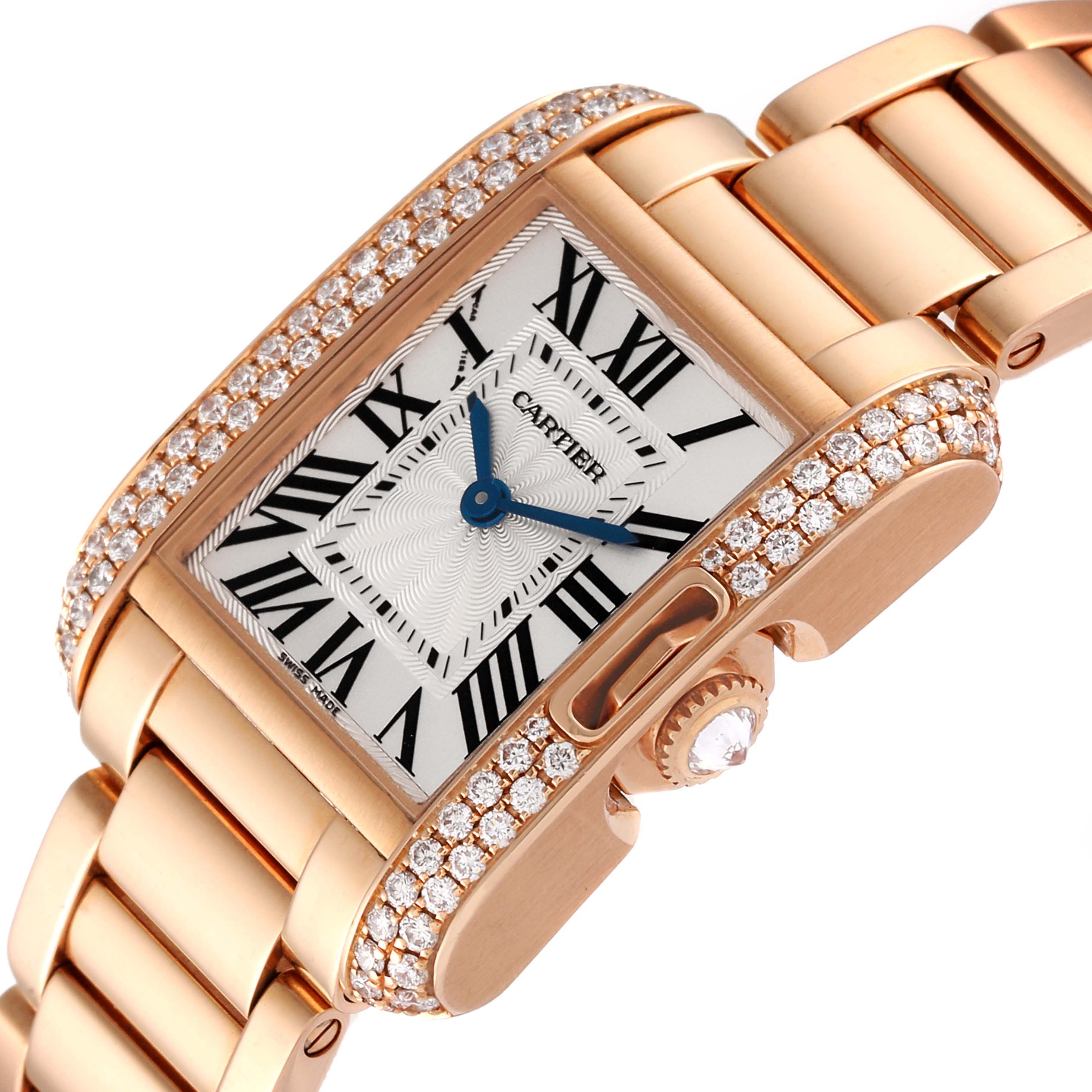 This is a close-up angled view of the Cartier Tank Anglaise WT100002 Women
s Rose Gold Silver Dial WT100002 Women
s Rose Gold Silver Dial watch showcasing its diamond-studded bezel and bracelet.
