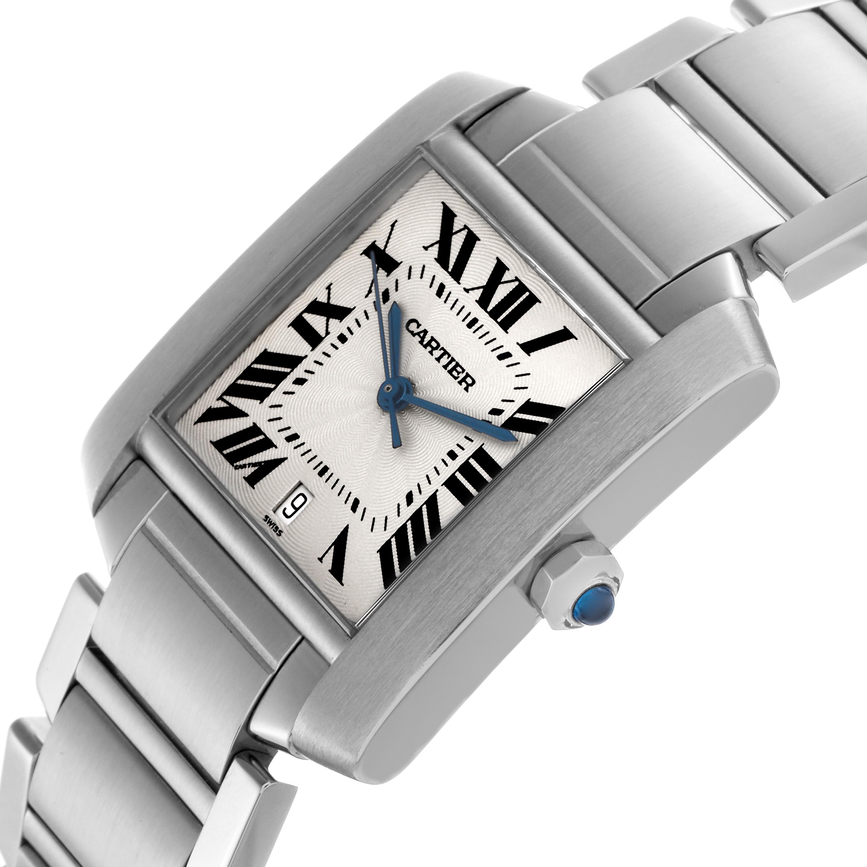 The Cartier Tank Francaise W51002Q3 Men
s Stainless Steel Silver Dial W51002Q3 Men
s Stainless Steel Silver Dial watch is shown at an angle highlighting its rectangular face, Roman numerals, and stainless steel bracelet.