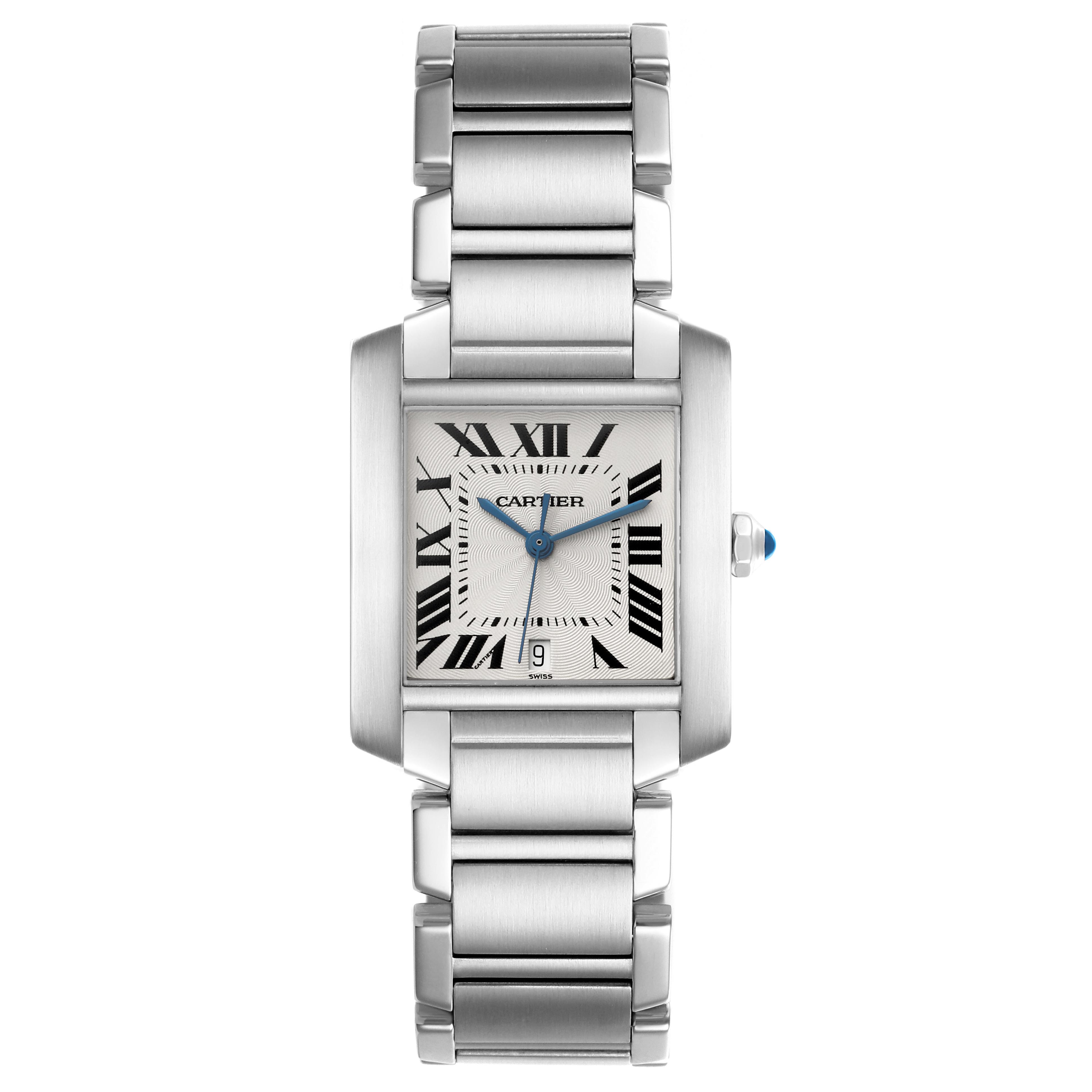 The Cartier Tank Française watch is shown from a top-down angle, displaying its rectangular face, Roman numerals, and metal bracelet.