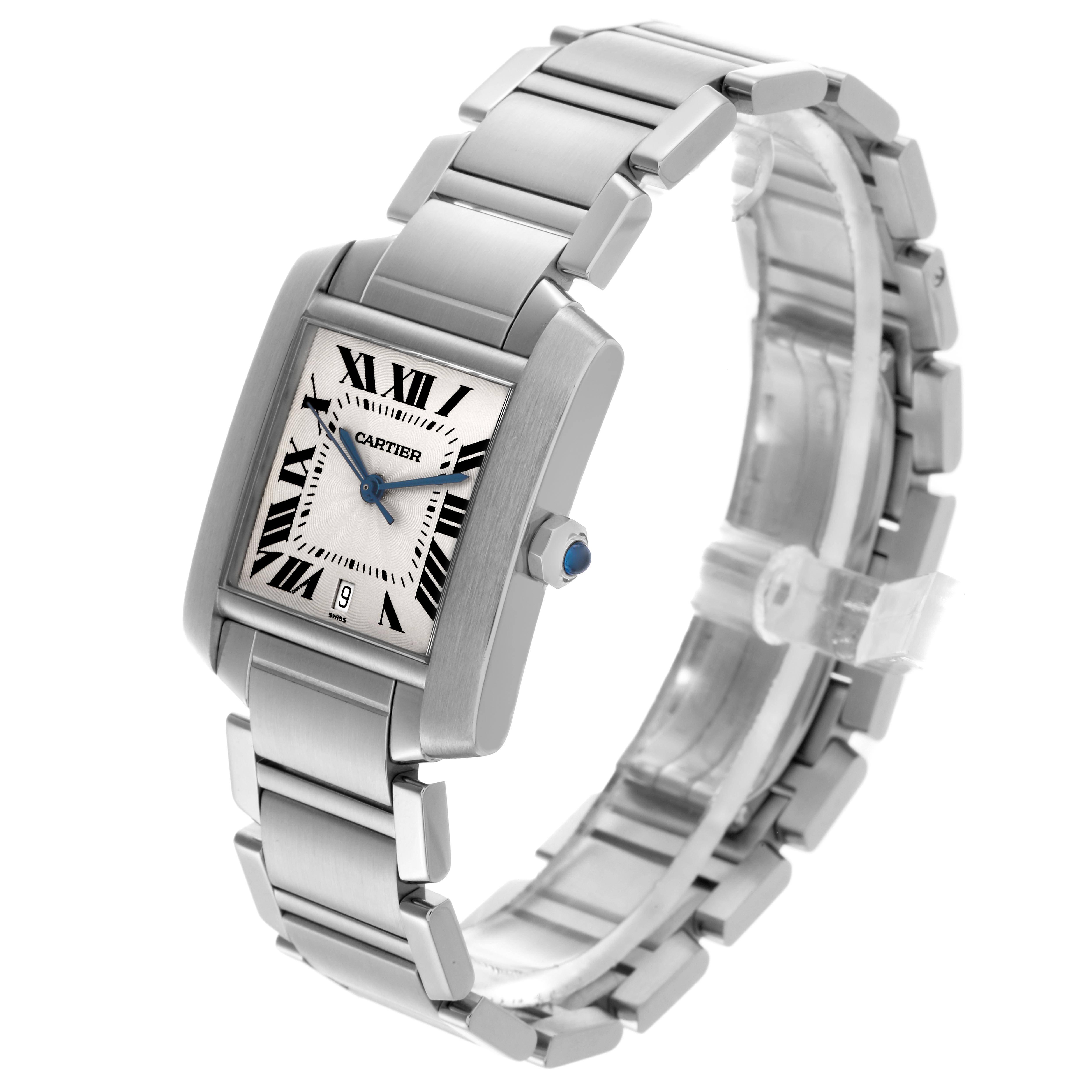 The Cartier Tank Française watch is shown at an angled view, highlighting its face, bracelet, and side profile.