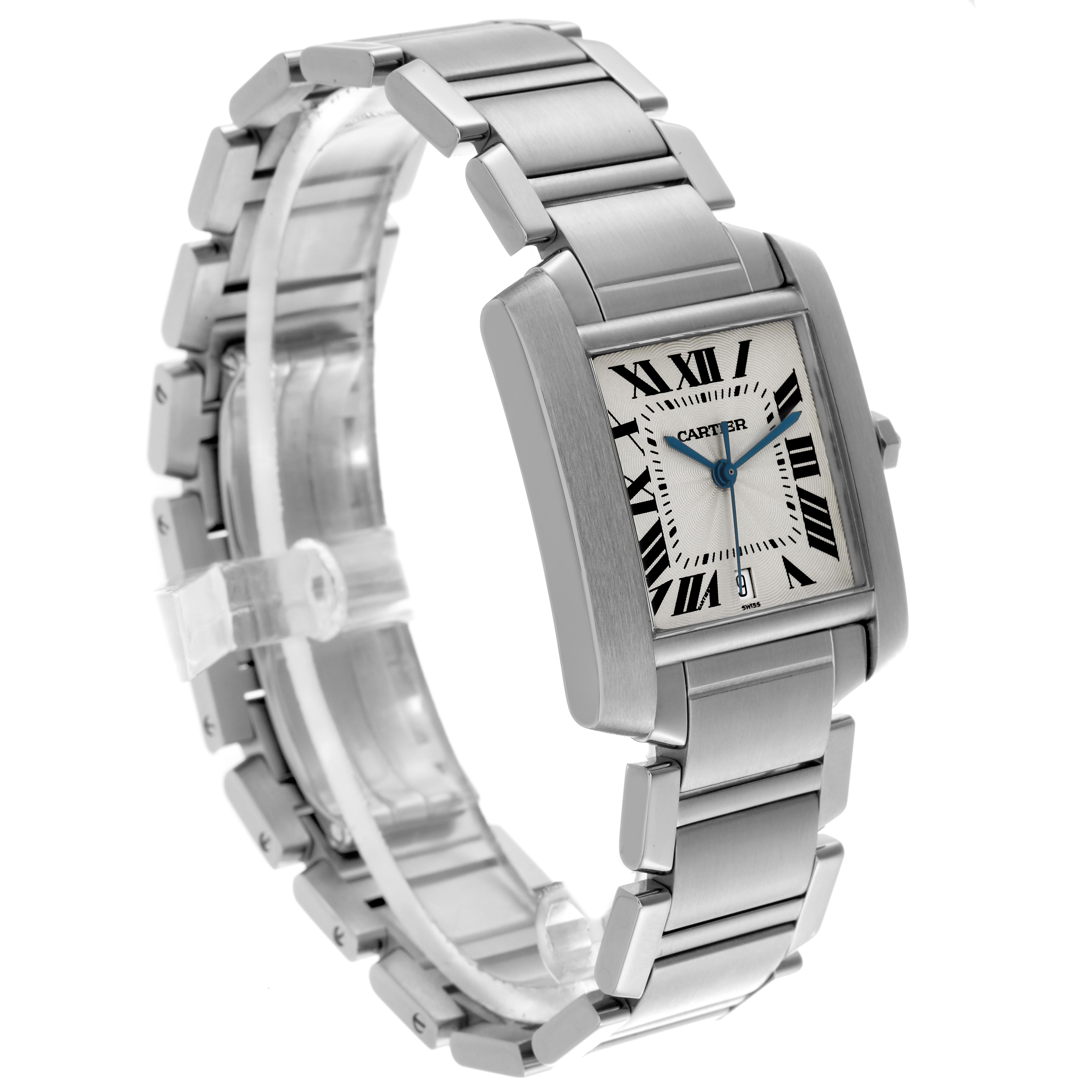 The Cartier Tank Francaise W51002Q3 Men
s Stainless Steel Silver Dial W51002Q3 Men
s Stainless Steel Silver Dial watch is shown at a three-quarter angle, displaying the face, bracelet, and clasp.