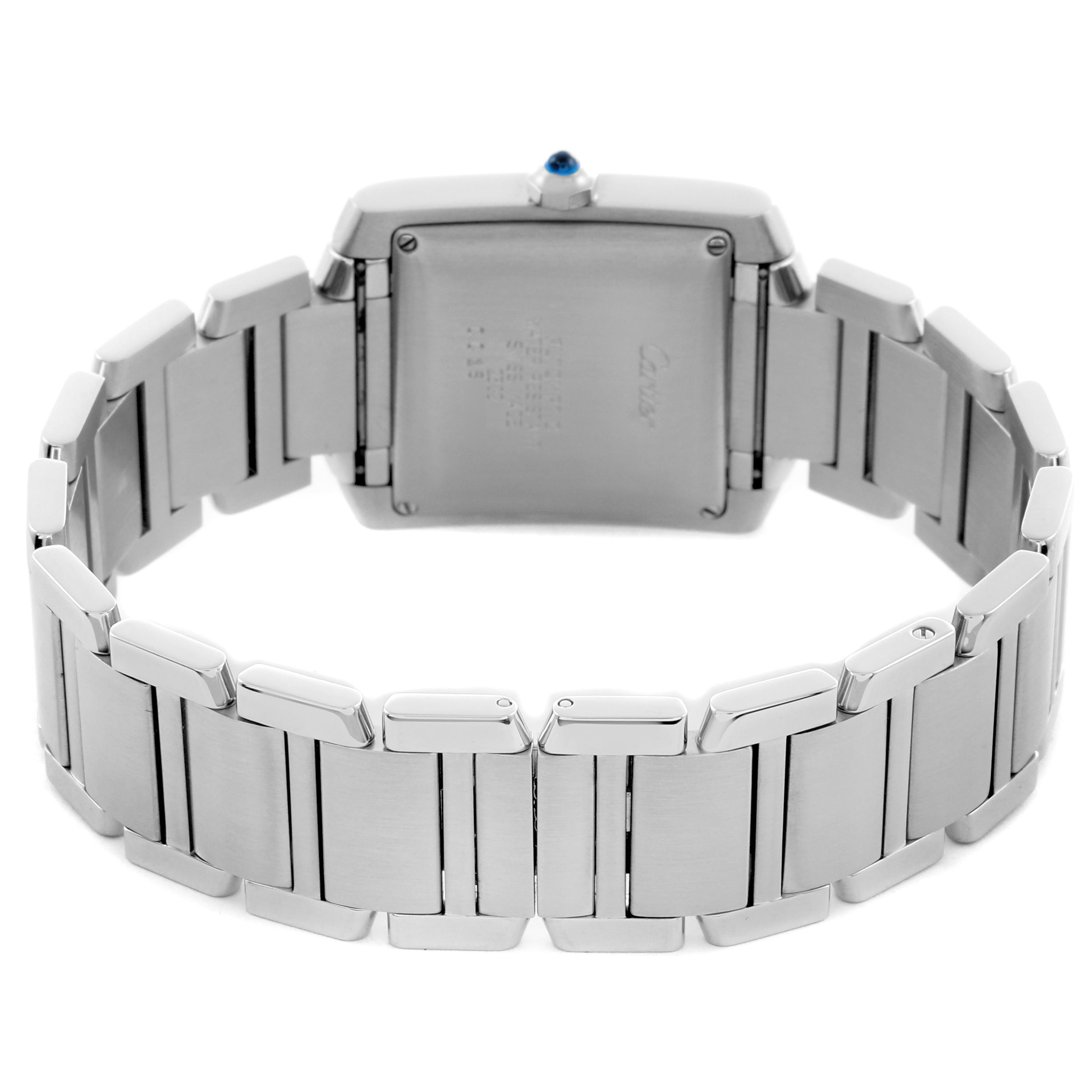 The Cartier Tank Francaise W51002Q3 Men
s Stainless Steel Silver Dial W51002Q3 Men
s Stainless Steel Silver Dial watch is shown from the back, highlighting its stainless steel bracelet and caseback.