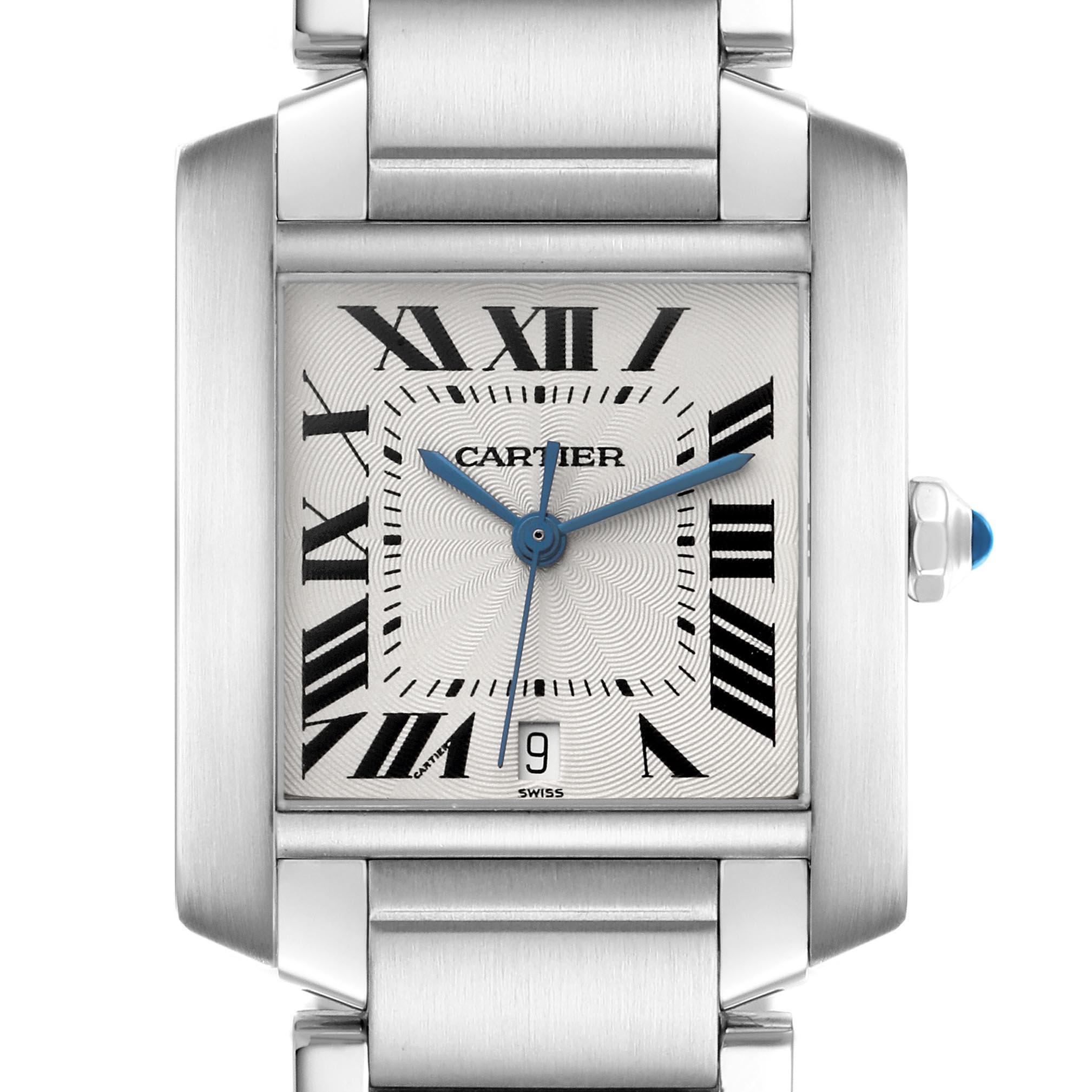 The Cartier Tank Française watch is shown from the front, displaying its square face, Roman numerals, blued hands, and metal bracelet.