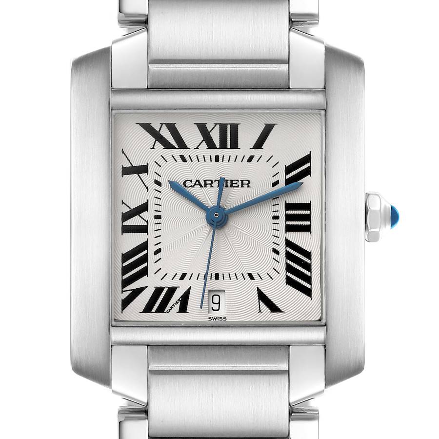 The Cartier Tank Française watch is shown from the front, displaying its square face, Roman numerals, blued hands, and metal bracelet.
