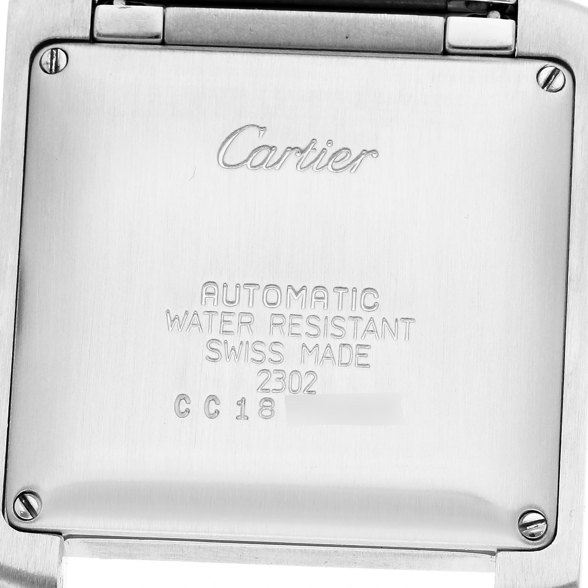 The image shows the back case of a Cartier Tank Française watch, detailing its automatic and water-resistant features.