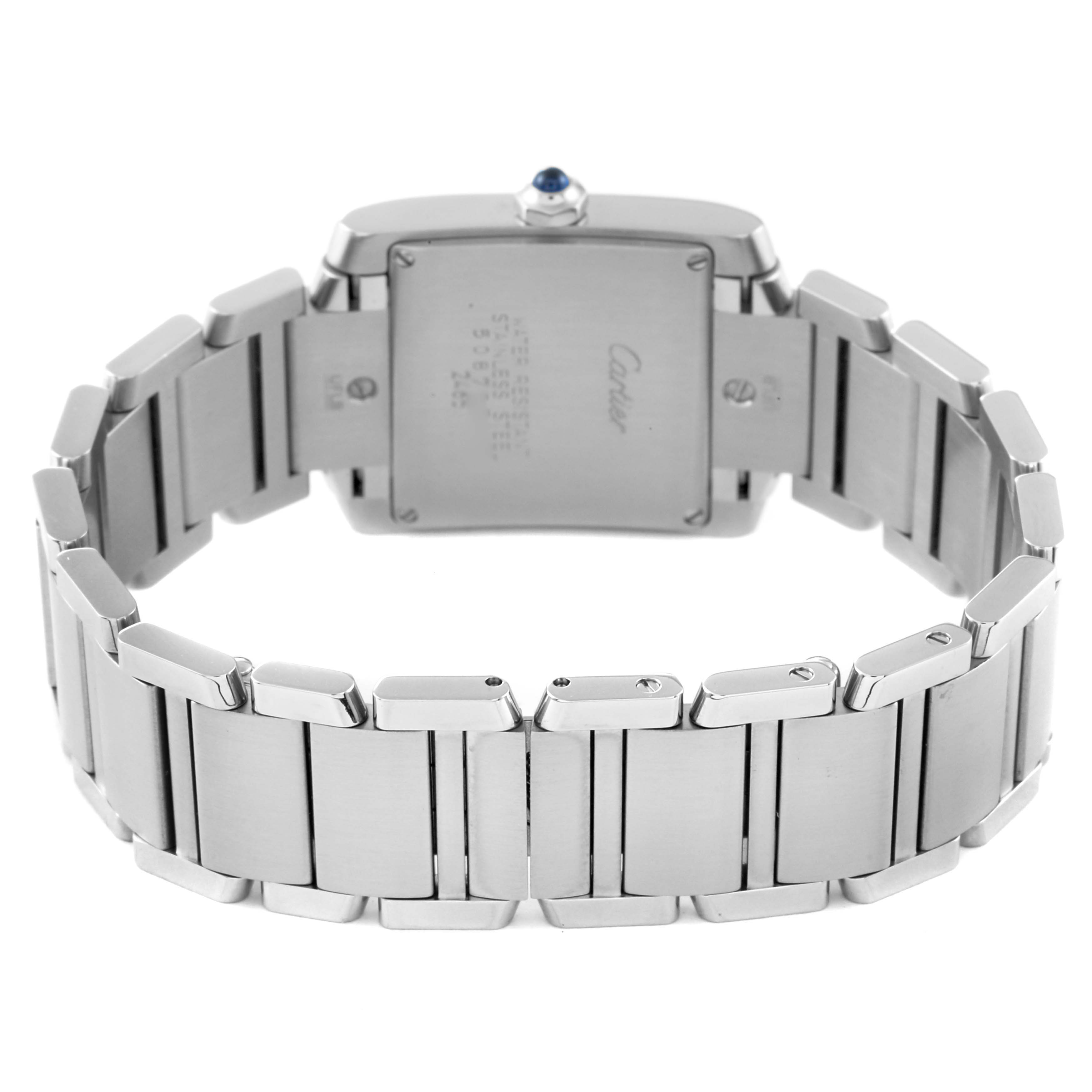 The image shows the back and bracelet of a Cartier Tank Francaise W51011Q3 Women's Stainless Steel Silver Dial W51011Q3 Women's Stainless Steel Silver Dial watch.