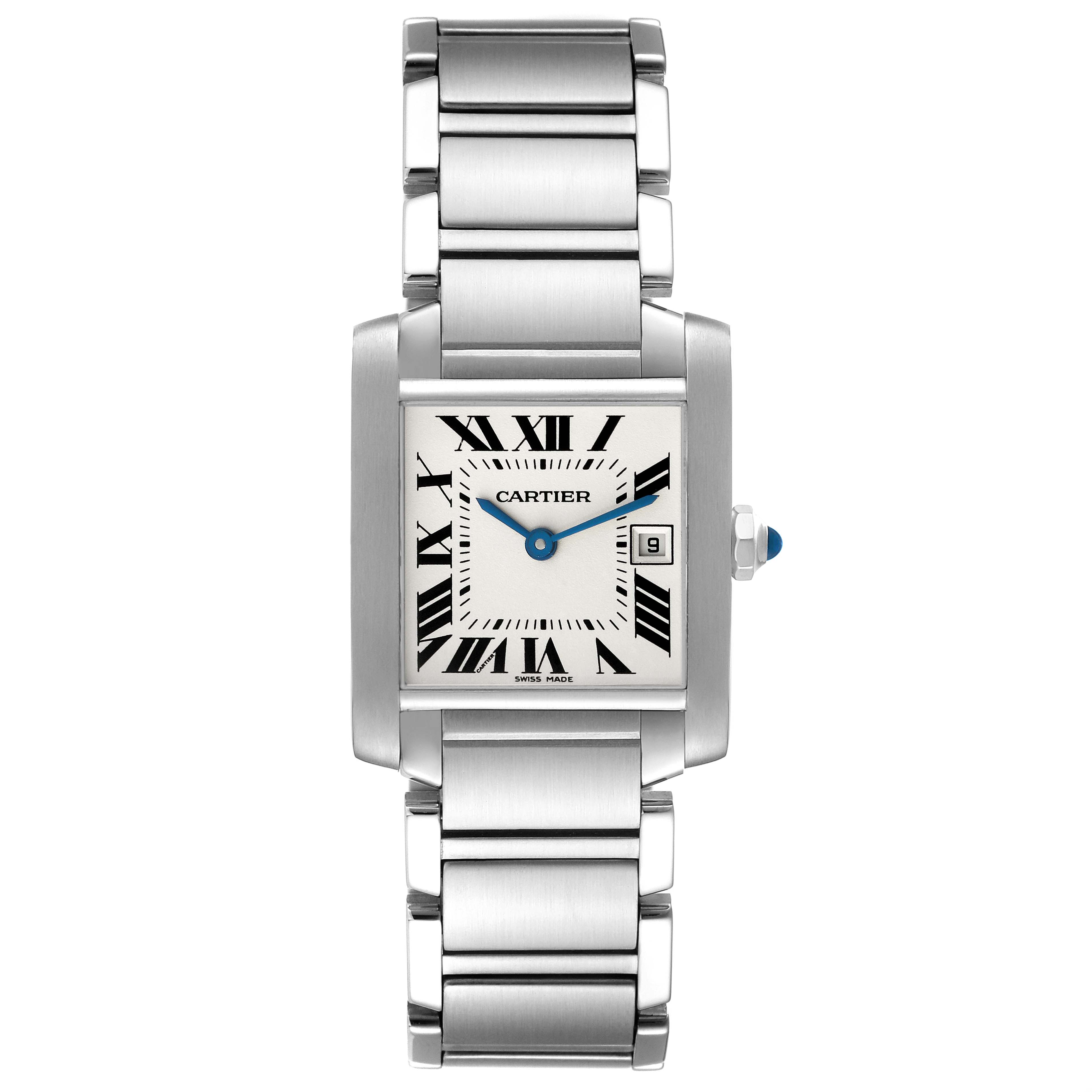 The Tank Francaise model by Cartier is shown from a front angle, displaying its rectangular face, roman numerals, and metal bracelet.