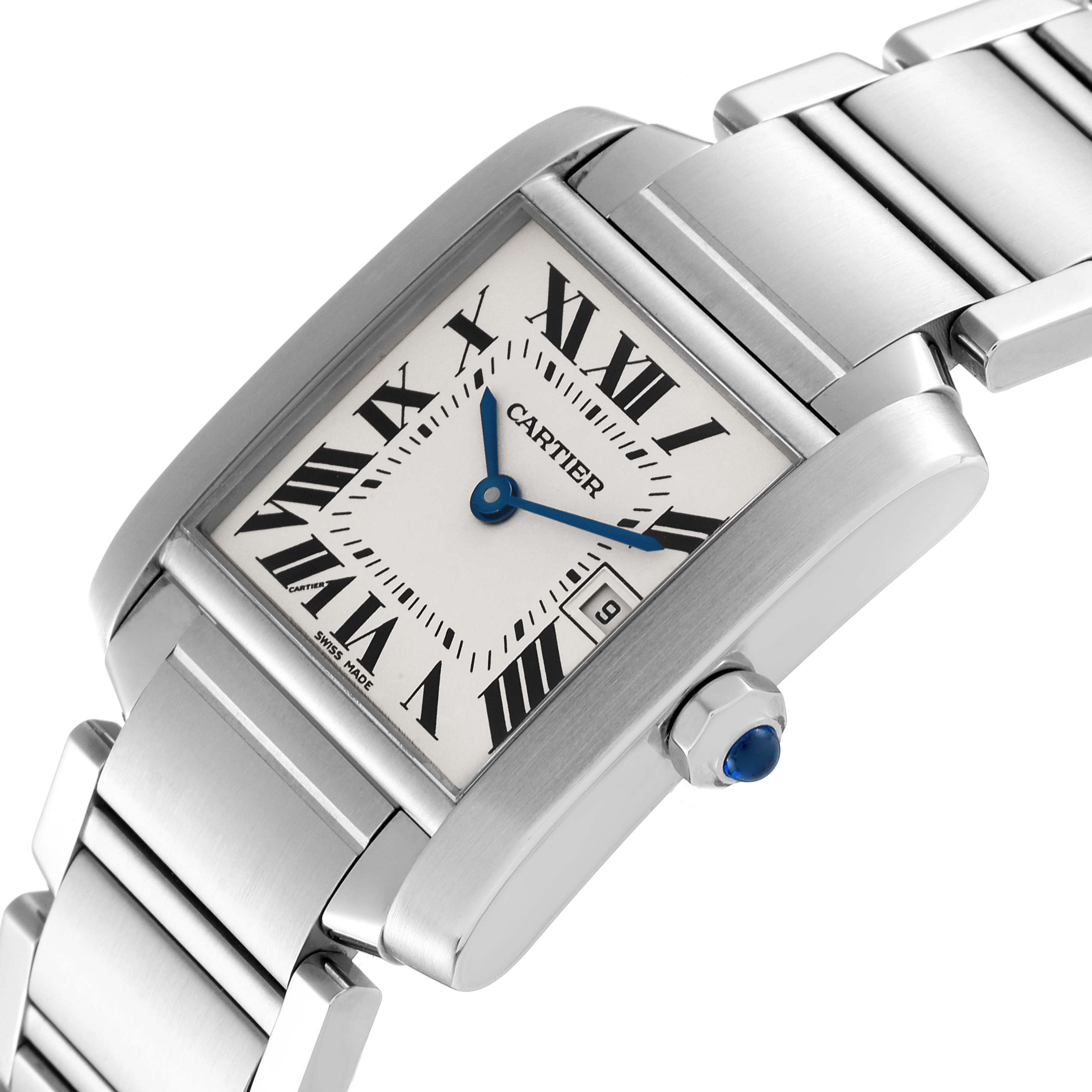 This image shows a close-up of the Cartier Tank Francaise W51011Q3 Women's Stainless Steel Silver Dial W51011Q3 Women's Stainless Steel Silver Dial watch's face, bracelet, crown, and part of the case from an angled perspective.