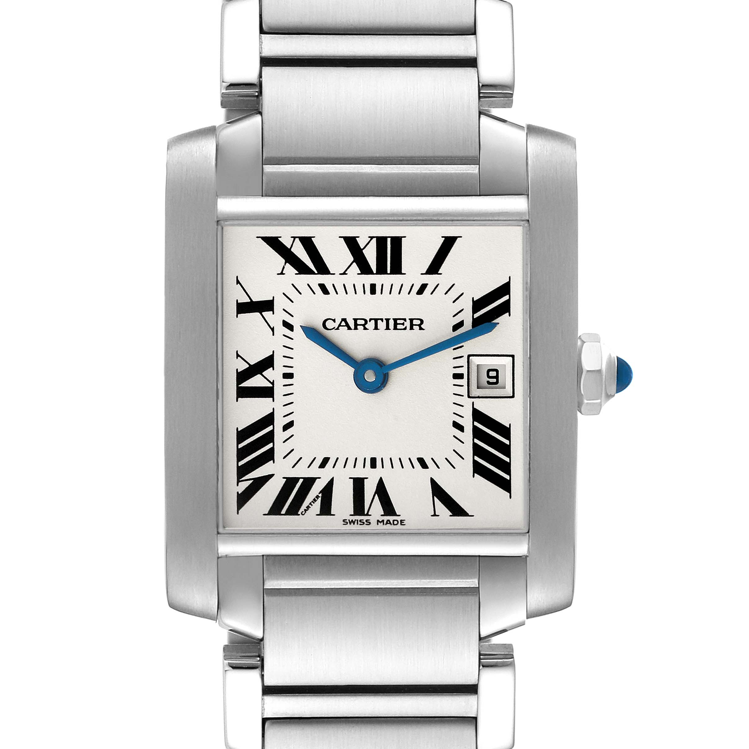 The Cartier Tank Francaise W51011Q3 Women's Stainless Steel Silver Dial W51011Q3 Women's Stainless Steel Silver Dial watch is shown from a front angle, displaying its face, bracelet, and crown with the blue cabochon.