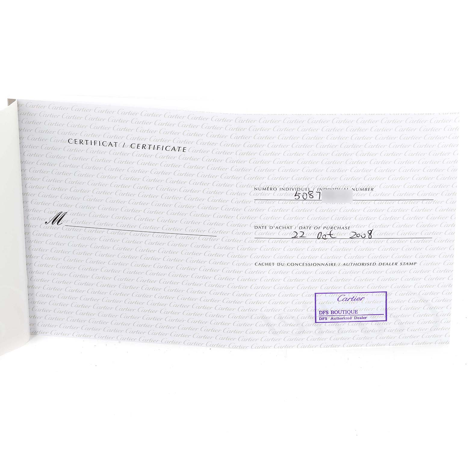 The image shows a certificate of authenticity for the Cartier Tank Française watch, including date and dealer stamp.