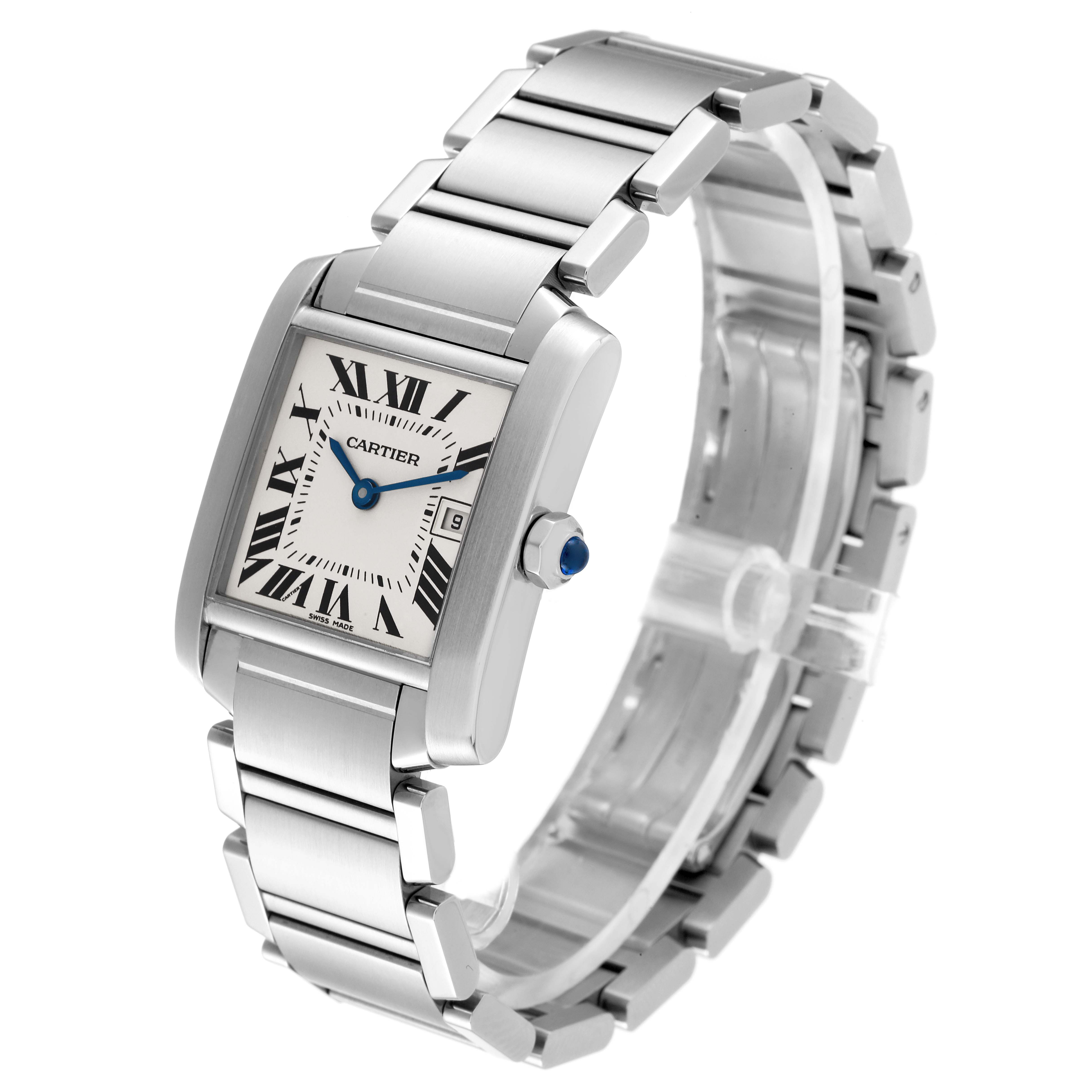 This image shows a side and front view of the Cartier Tank Francaise W51011Q3 Women's Stainless Steel Silver Dial W51011Q3 Women's Stainless Steel Silver Dial watch, highlighting its face, bracelet, and crown.