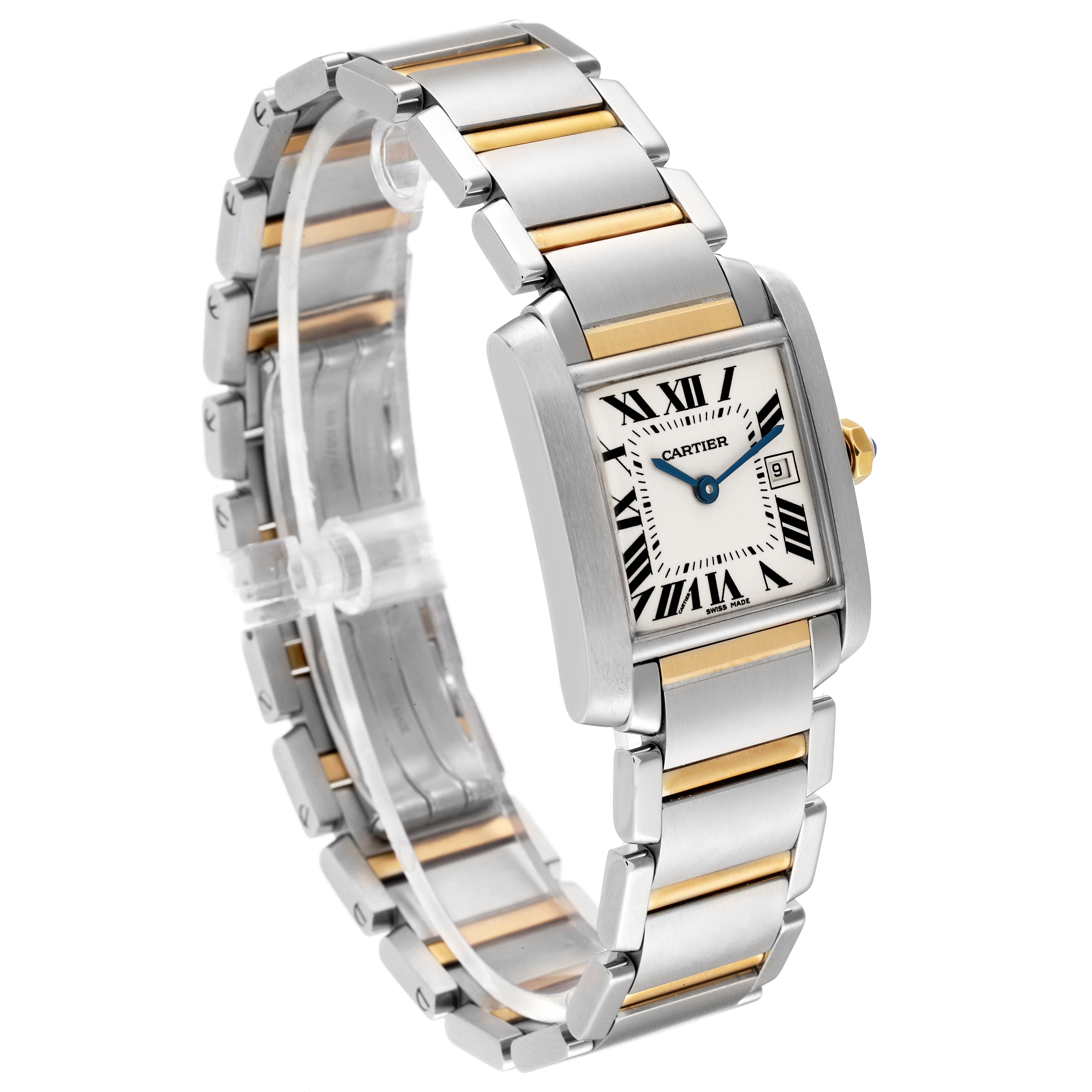 The Cartier Tank Francaise W51012Q4 Women's Steel and Gold (two tone) Silver Dial W51012Q4 Women's Steel and Gold (two tone) Silver Dial watch is shown from a three-quarter angle, displaying its face and two-tone metal bracelet.