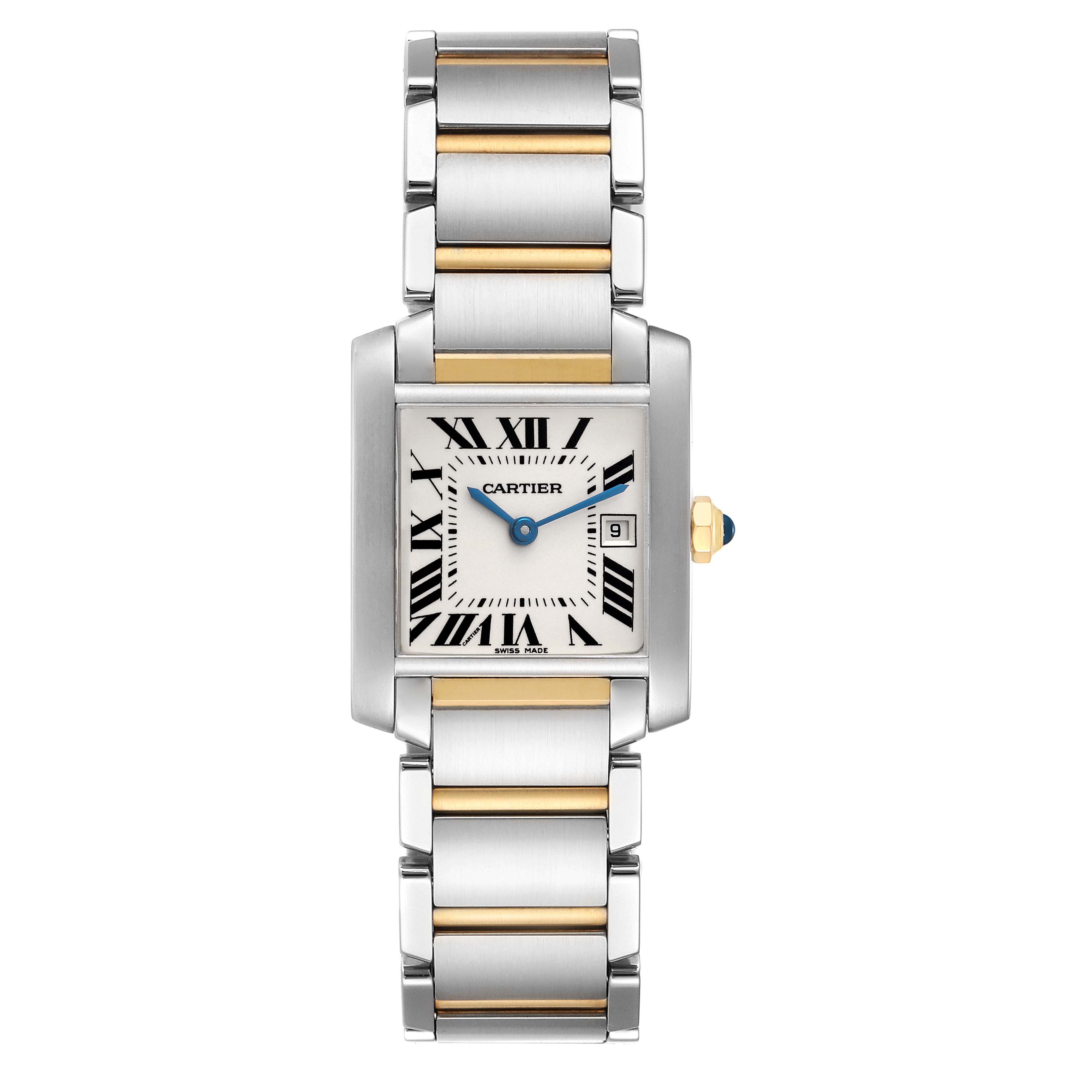 The image shows a Cartier Tank Francaise W51012Q4 Women's Steel and Gold (two tone) Silver Dial W51012Q4 Women's Steel and Gold (two tone) Silver Dial watch from a front angle, displaying the face, hands, and metal bracelet.