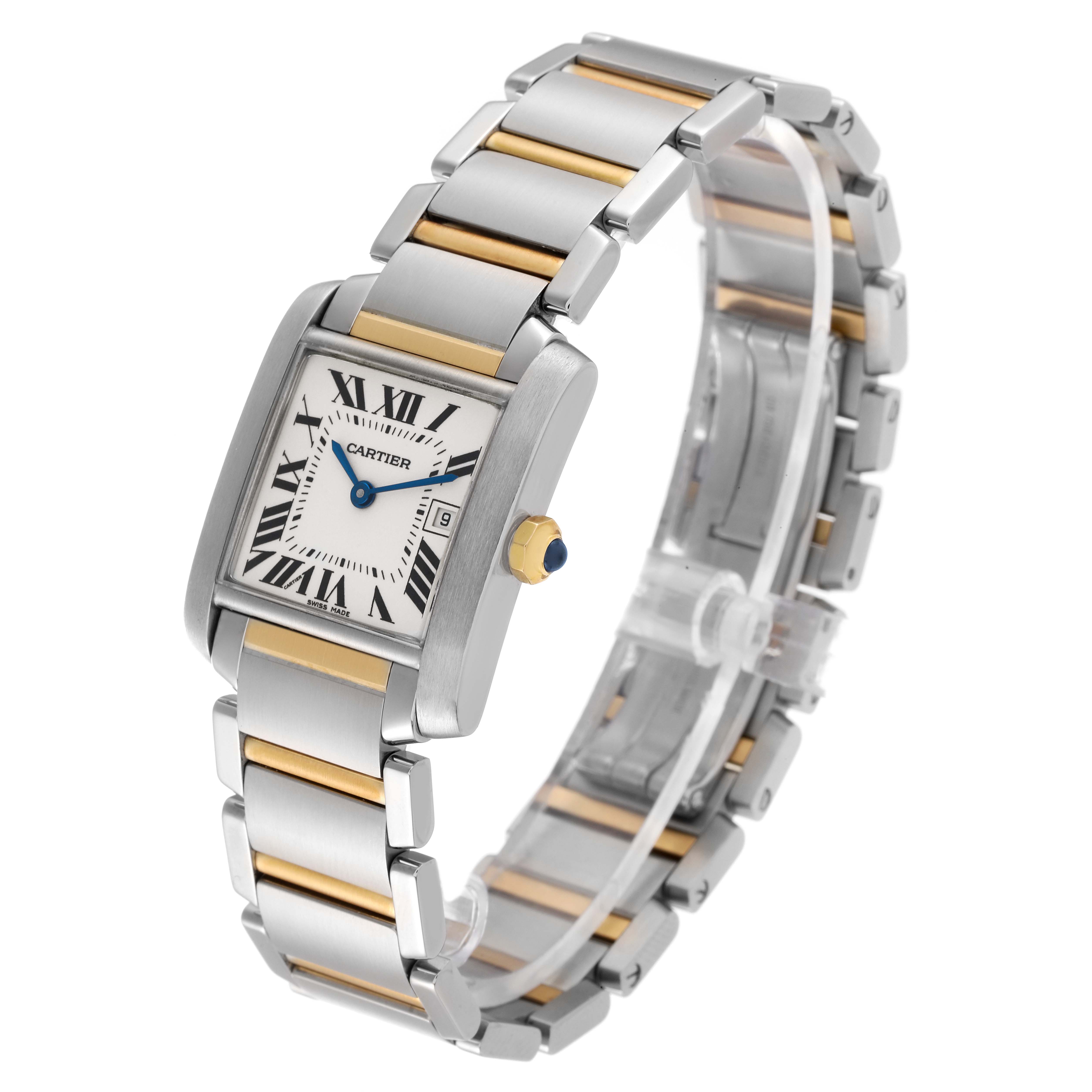 The Cartier Tank Francaise W51012Q4 Women's Steel and Gold (two tone) Silver Dial W51012Q4 Women's Steel and Gold (two tone) Silver Dial watch is shown from a front-left angle, highlighting its rectangular dial and stainless steel bracelet with gold accents.