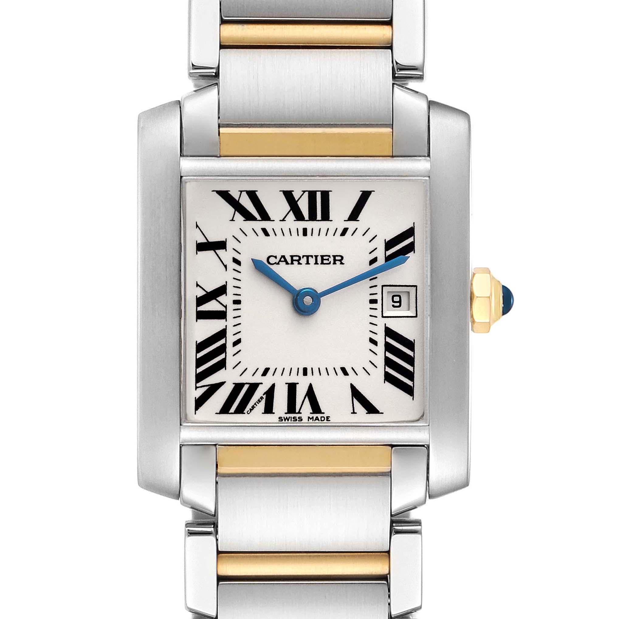 This image shows the front view of a Cartier Tank Française watch, highlighting its dial, hands, and part of the bracelet.