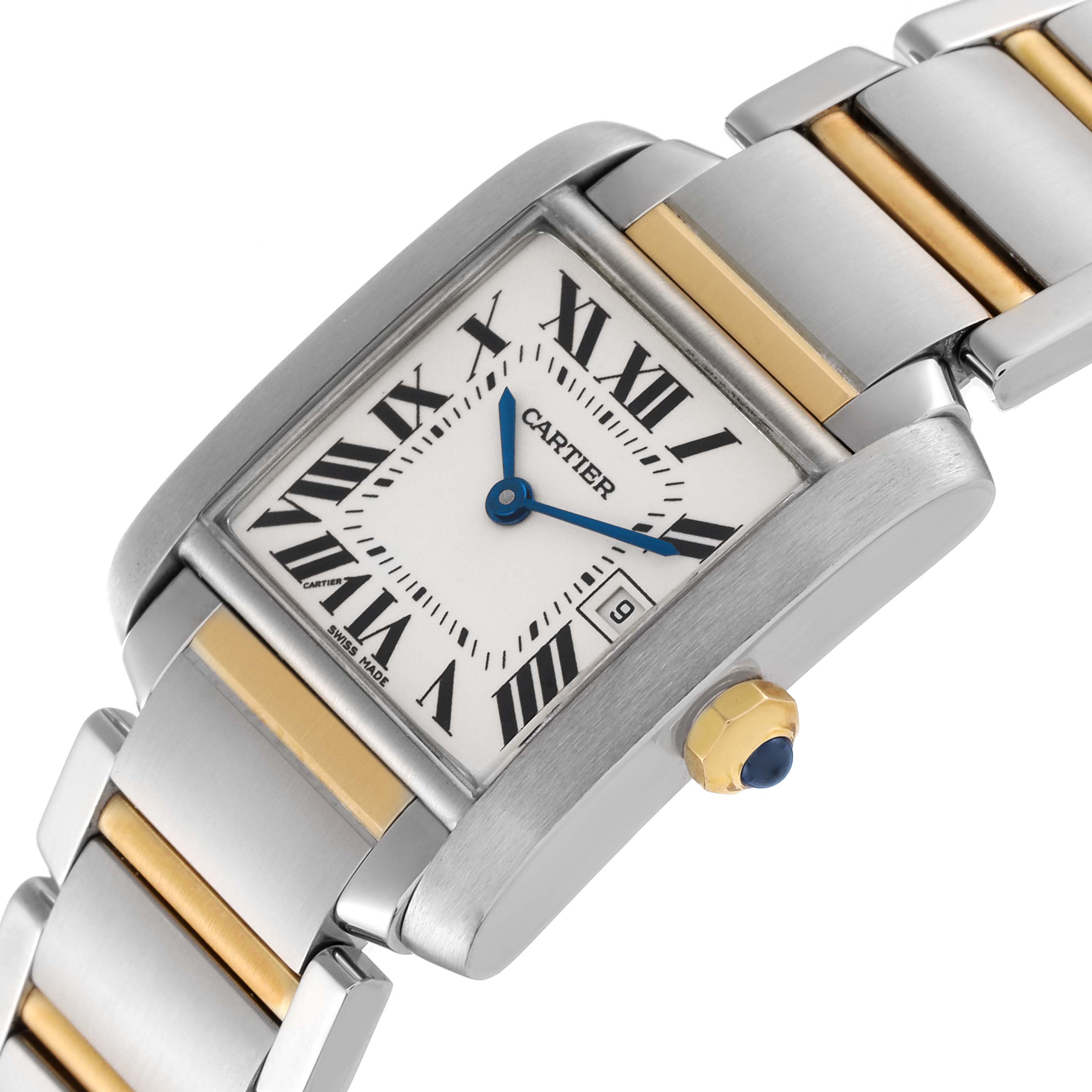 The image shows a Cartier Tank Francaise W51012Q4 Women's Steel and Gold (two tone) Silver Dial W51012Q4 Women's Steel and Gold (two tone) Silver Dial watch angled to display its face, crown, and metal bracelet with gold accents.