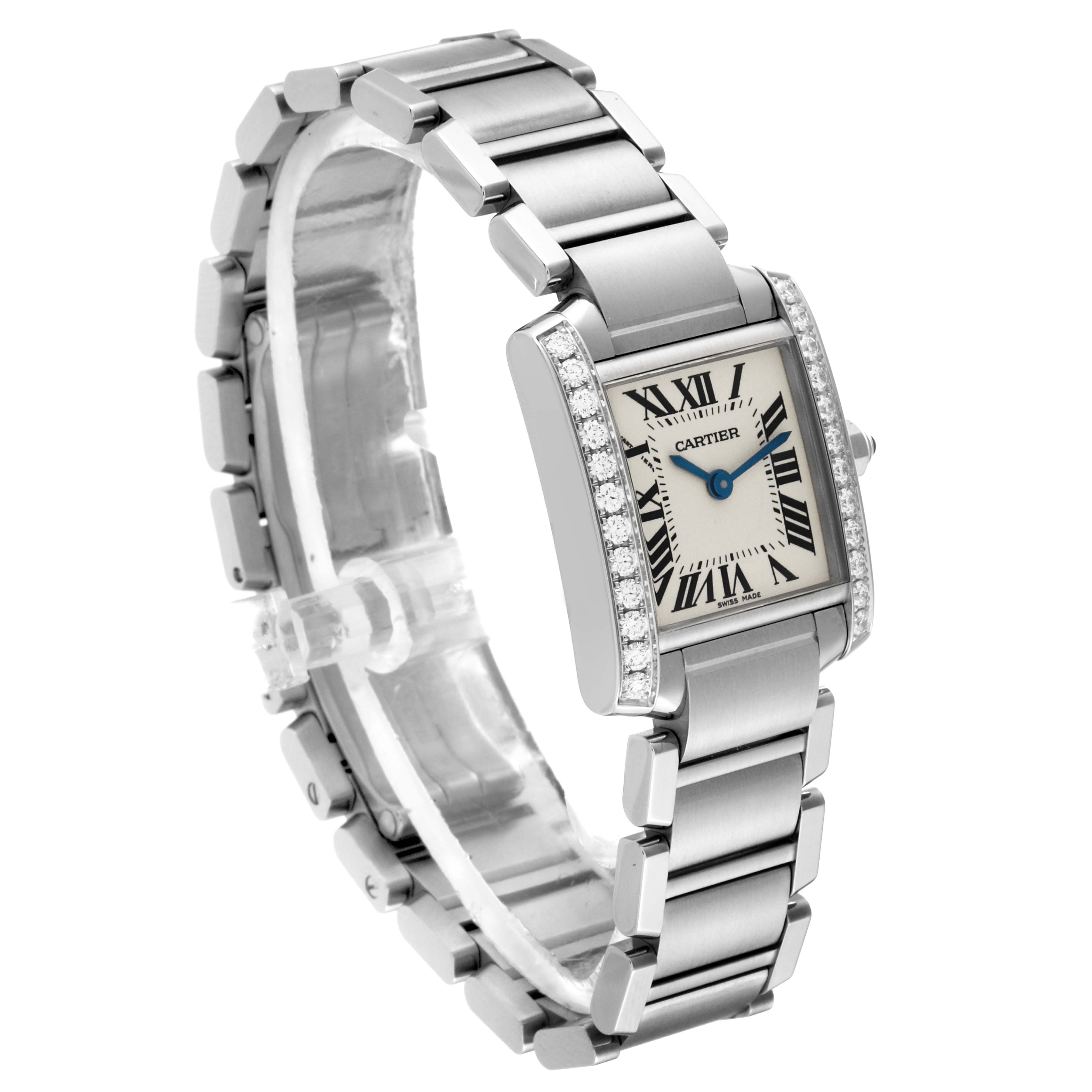 The Cartier Tank Francaise W4TA0008 Women
s Stainless Steel Silver Dial W4TA0008 Women
s Stainless Steel Silver Dial watch is shown at a slight angle, displaying the face, bezel, bracelet, and side profile.