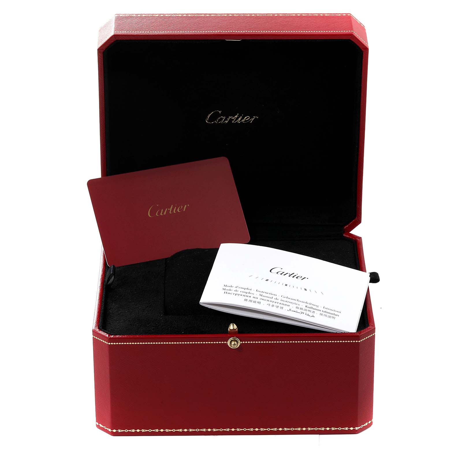 The image shows an open red Cartier box for the Tank Francaise model, containing a booklet and a card.