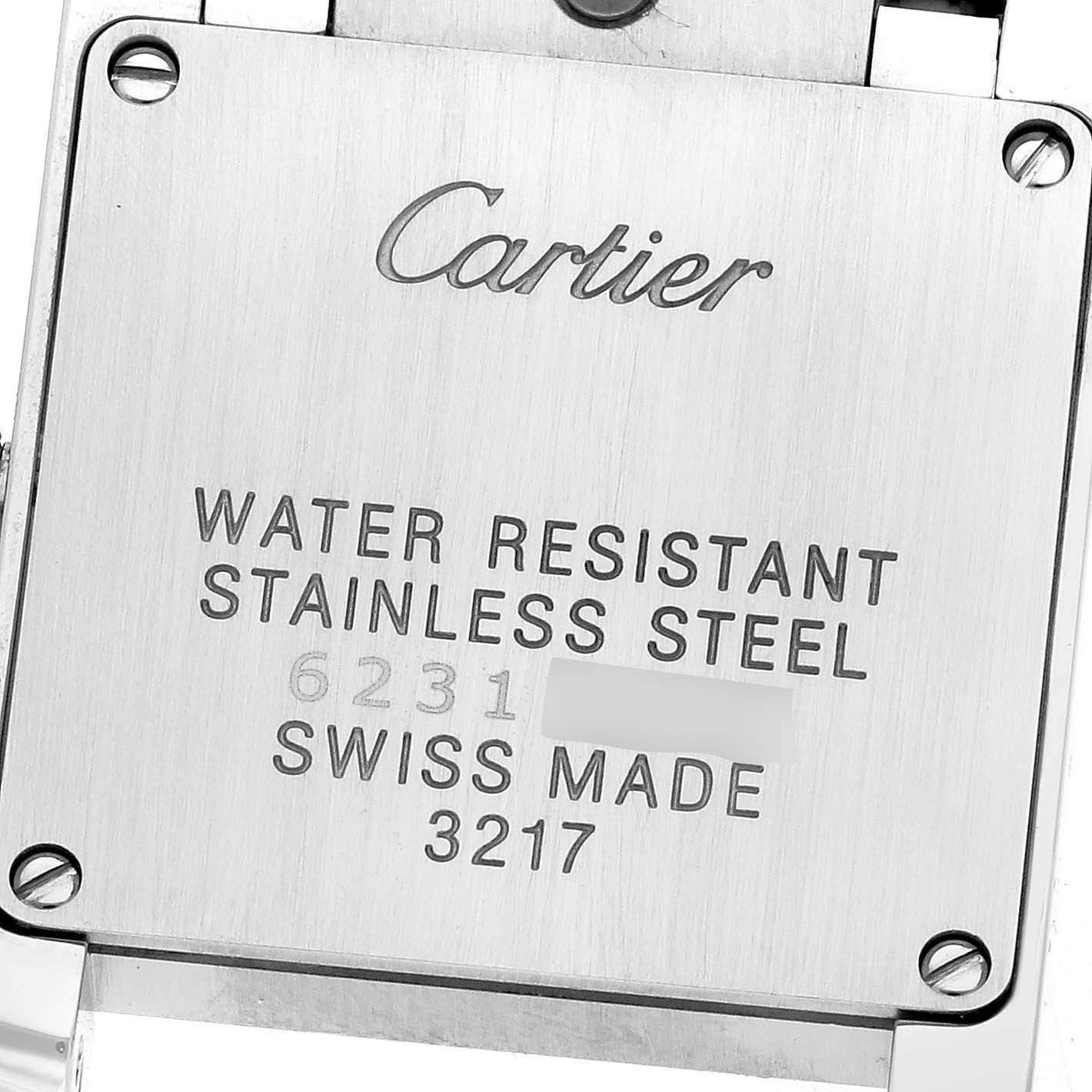 The image shows the back case of the Cartier Tank Francaise W4TA0008 Women
s Stainless Steel Silver Dial W4TA0008 Women
s Stainless Steel Silver Dial watch, highlighting its water resistance, material, and serial number.