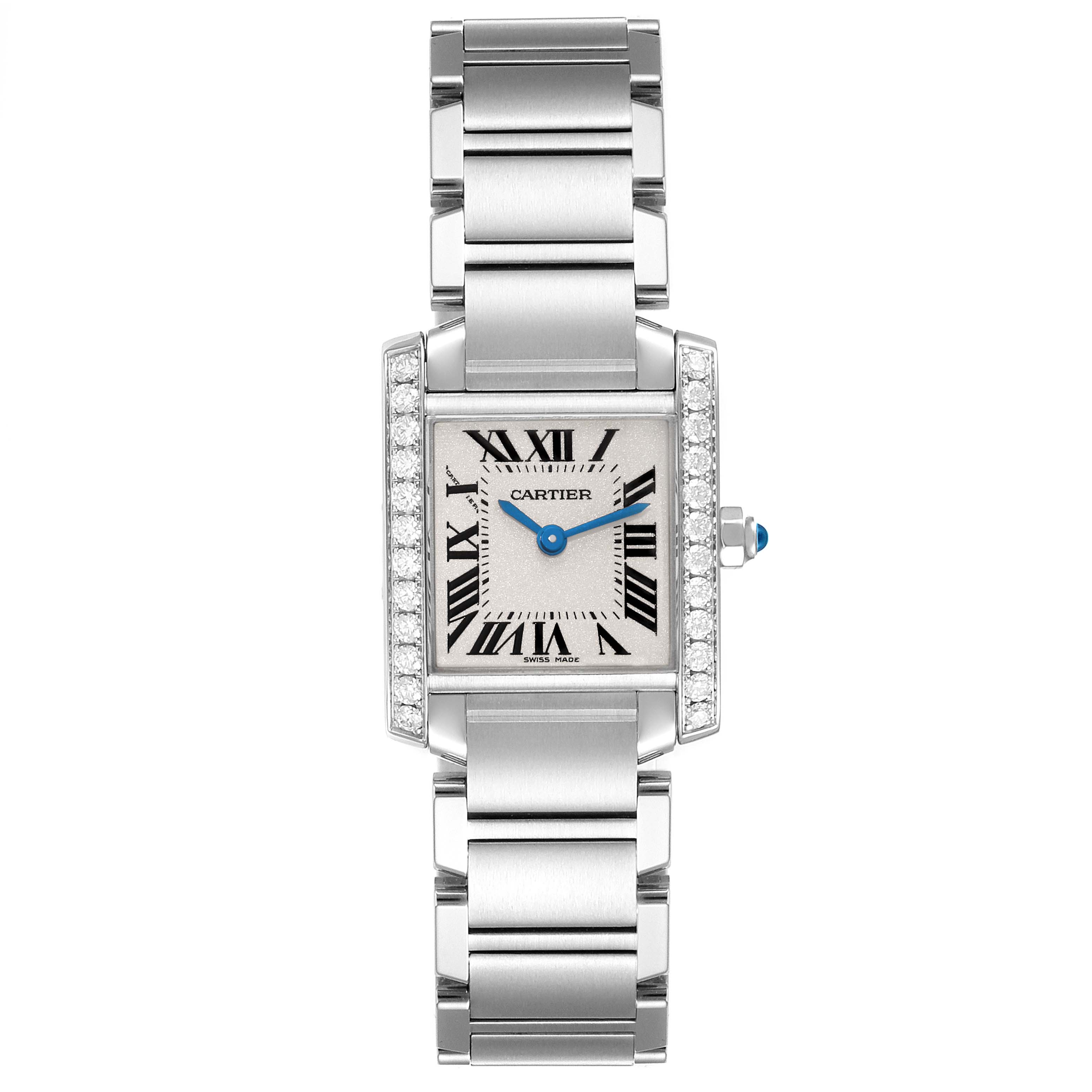 This is a front view of a Cartier Tank Francaise W4TA0008 Women
s Stainless Steel Silver Dial W4TA0008 Women
s Stainless Steel Silver Dial watch, showcasing the face, bracelet, and the diamond-set bezel.