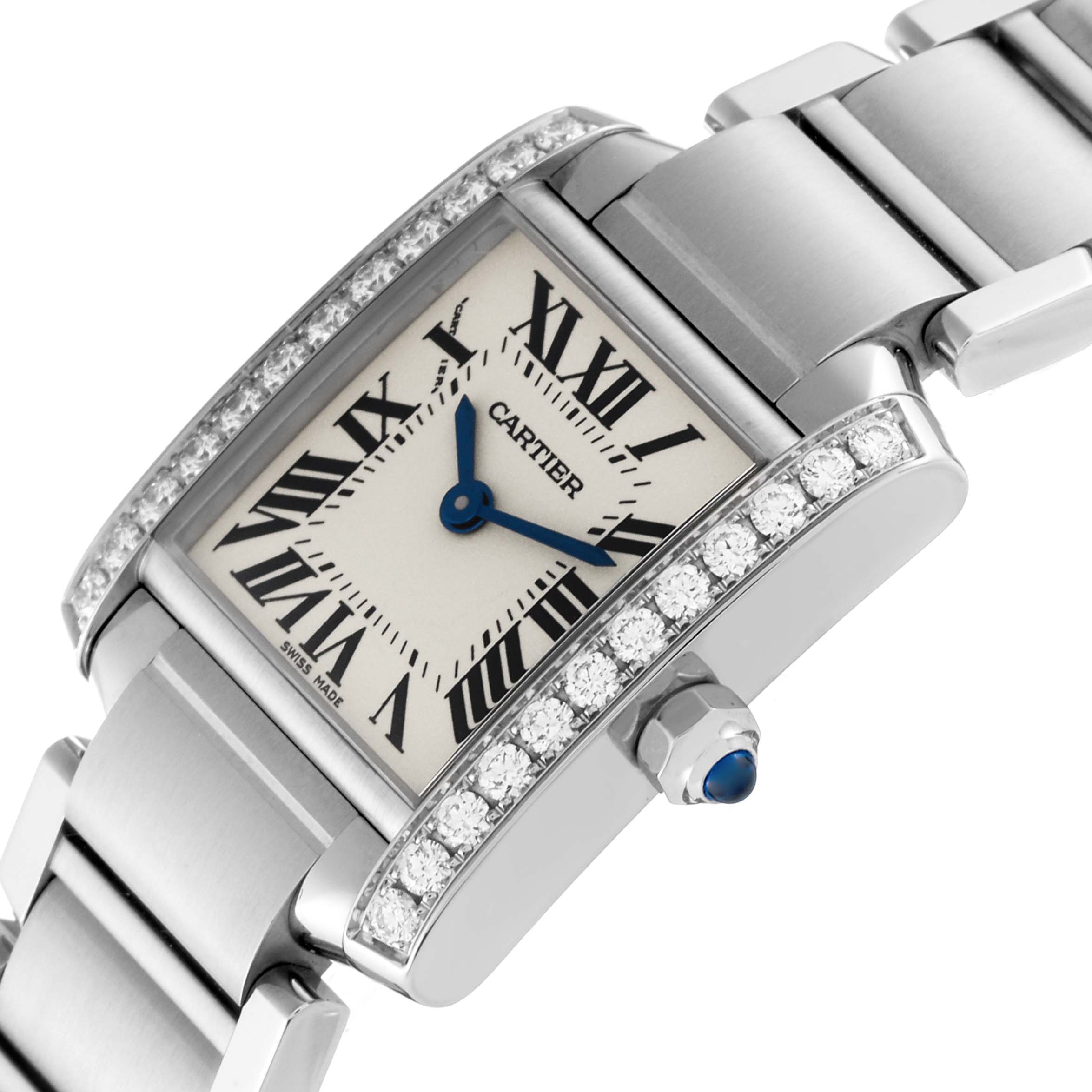 This image shows the face, bezel, and part of the bracelet of the Cartier Tank Française watch at a slight angle.