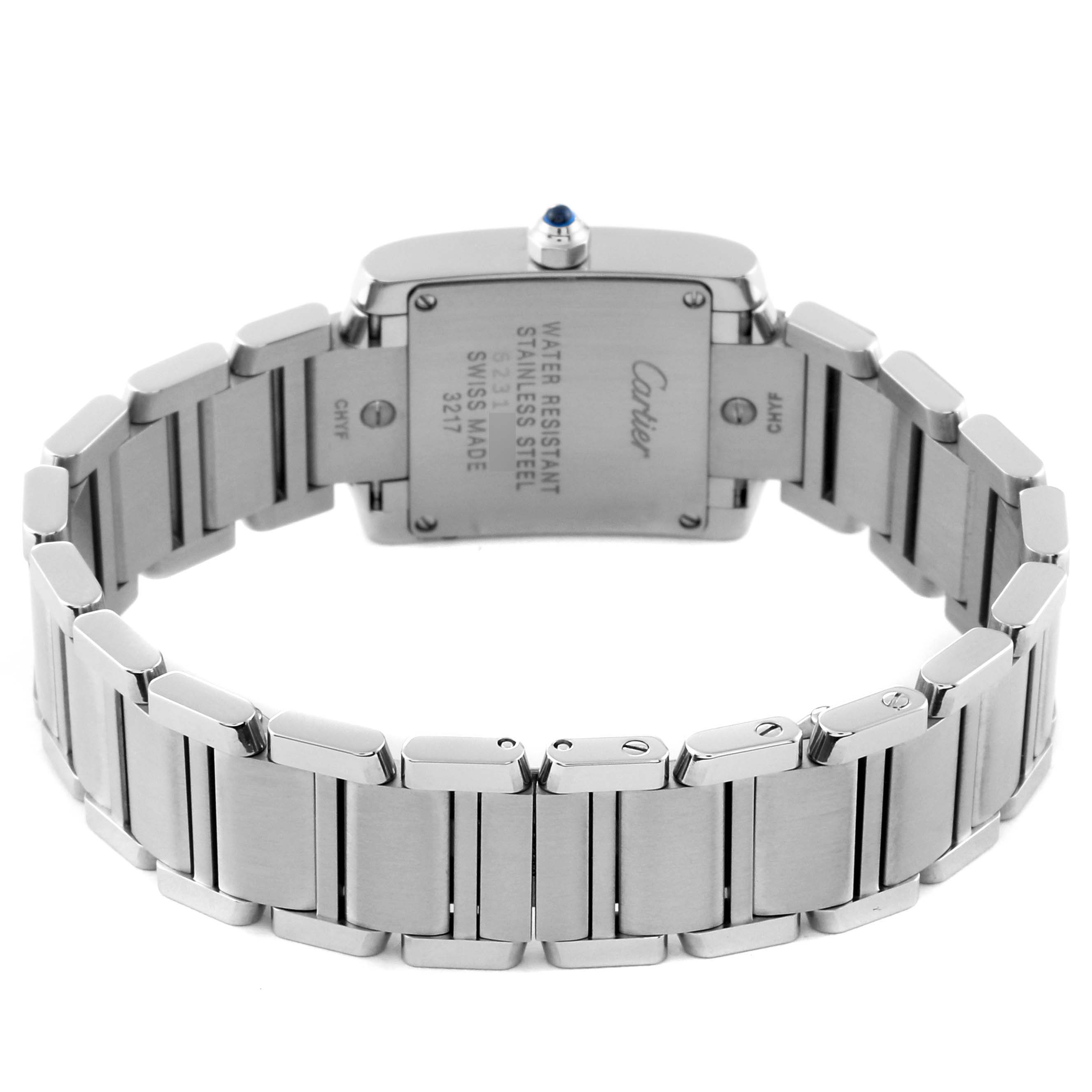This image of the Cartier Tank Francaise W4TA0008 Women
s Stainless Steel Silver Dial W4TA0008 Women
s Stainless Steel Silver Dial watch shows the back view, highlighting the stainless steel bracelet and case back.
