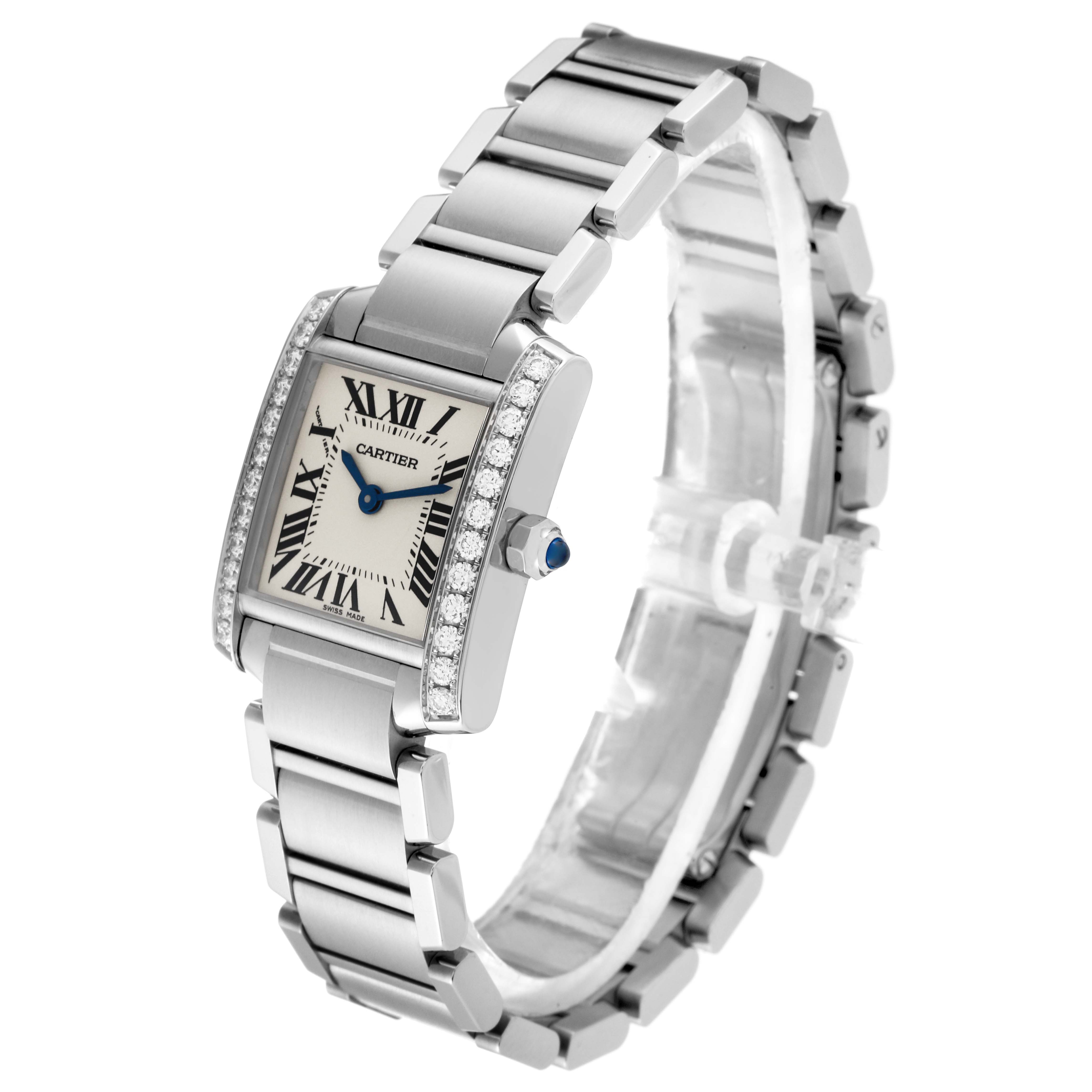 This image shows a side angle of the Cartier Tank Francaise W4TA0008 Women
s Stainless Steel Silver Dial W4TA0008 Women
s Stainless Steel Silver Dial watch, highlighting its face, bracelet, and crown.