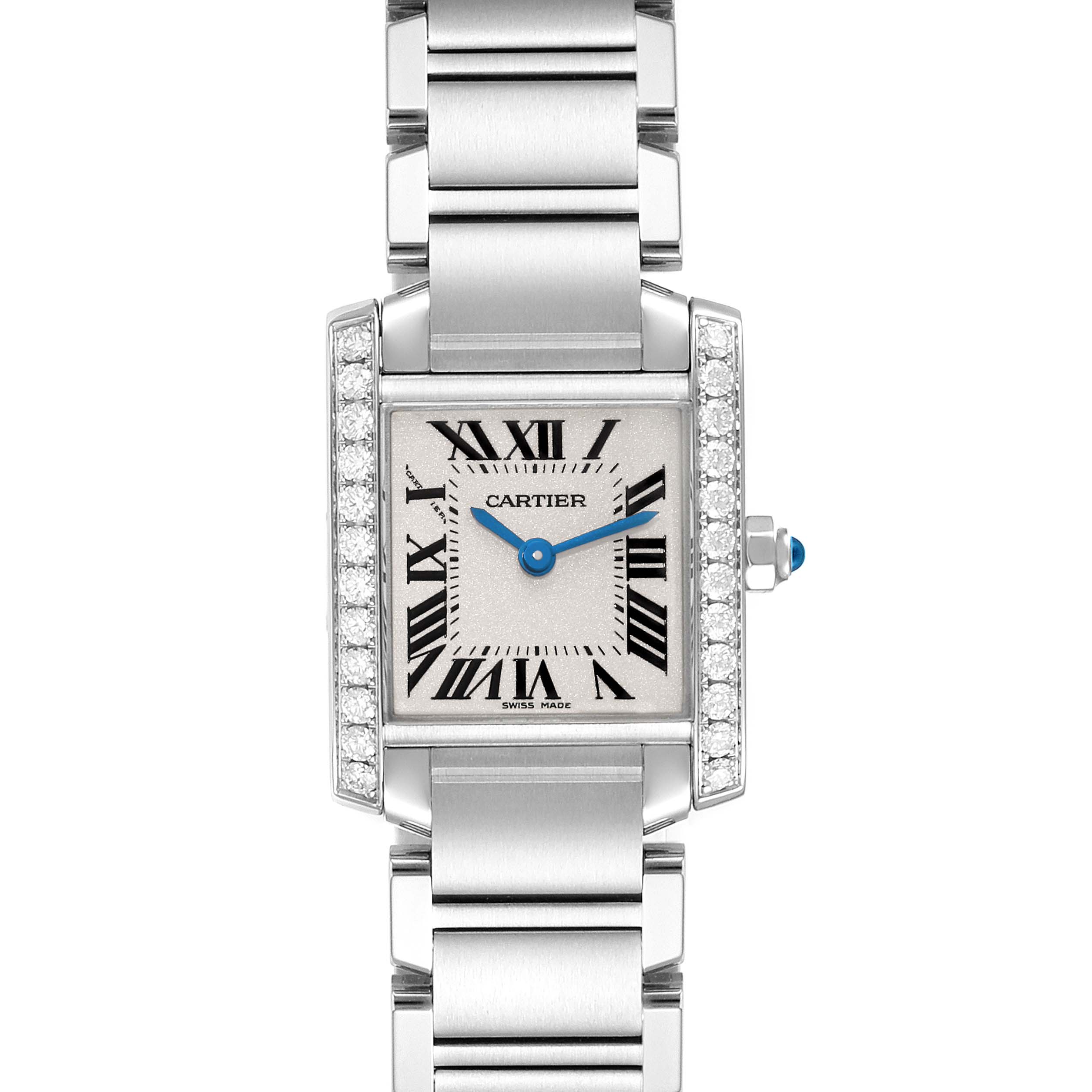 The image shows a Cartier Tank Francaise W4TA0008 Women
s Stainless Steel Silver Dial W4TA0008 Women
s Stainless Steel Silver Dial watch from a front angle, highlighting the dial, case, and bracelet.