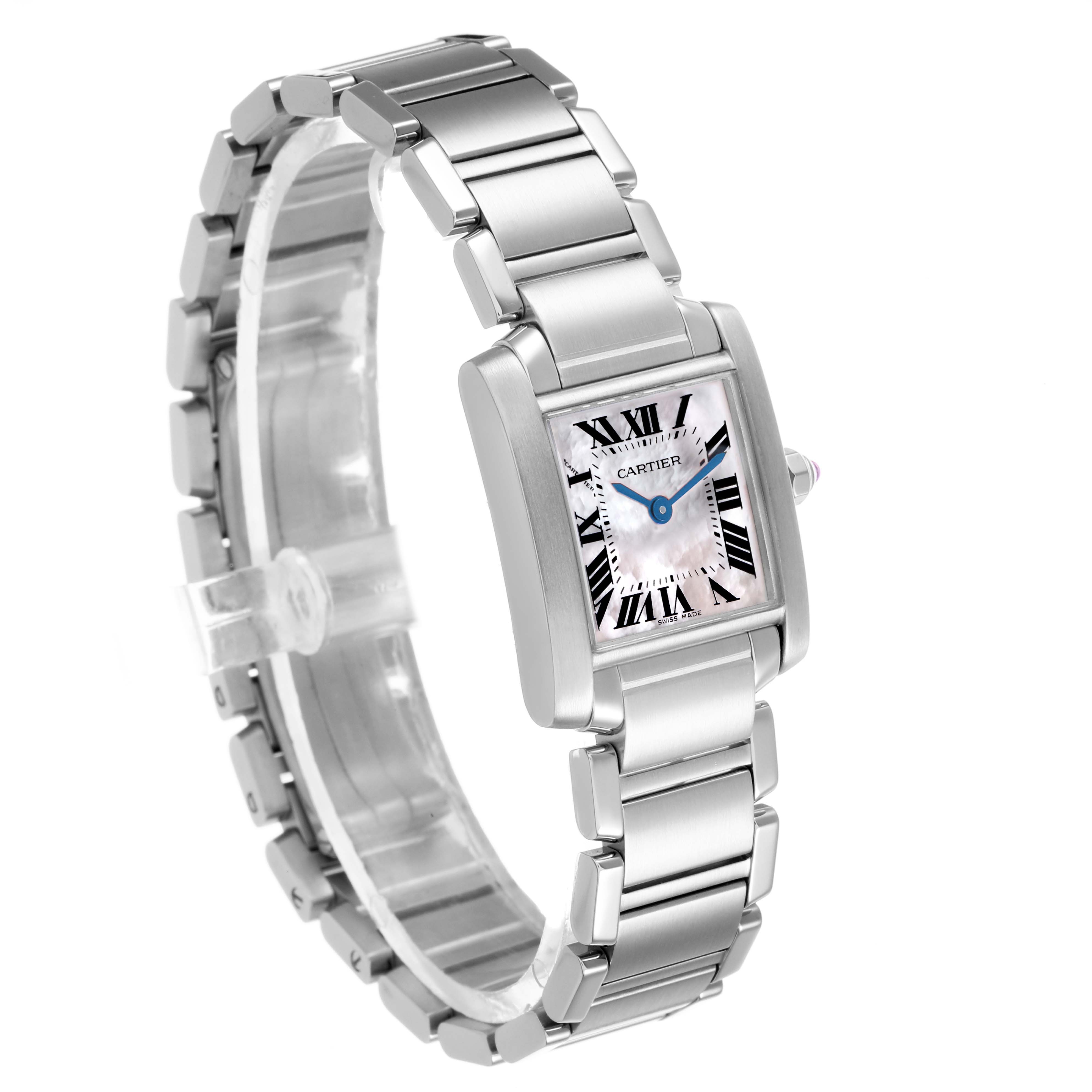 The Cartier Tank Française is shown from a three-quarter angle, highlighting the bracelet and rectangular face with Roman numerals.