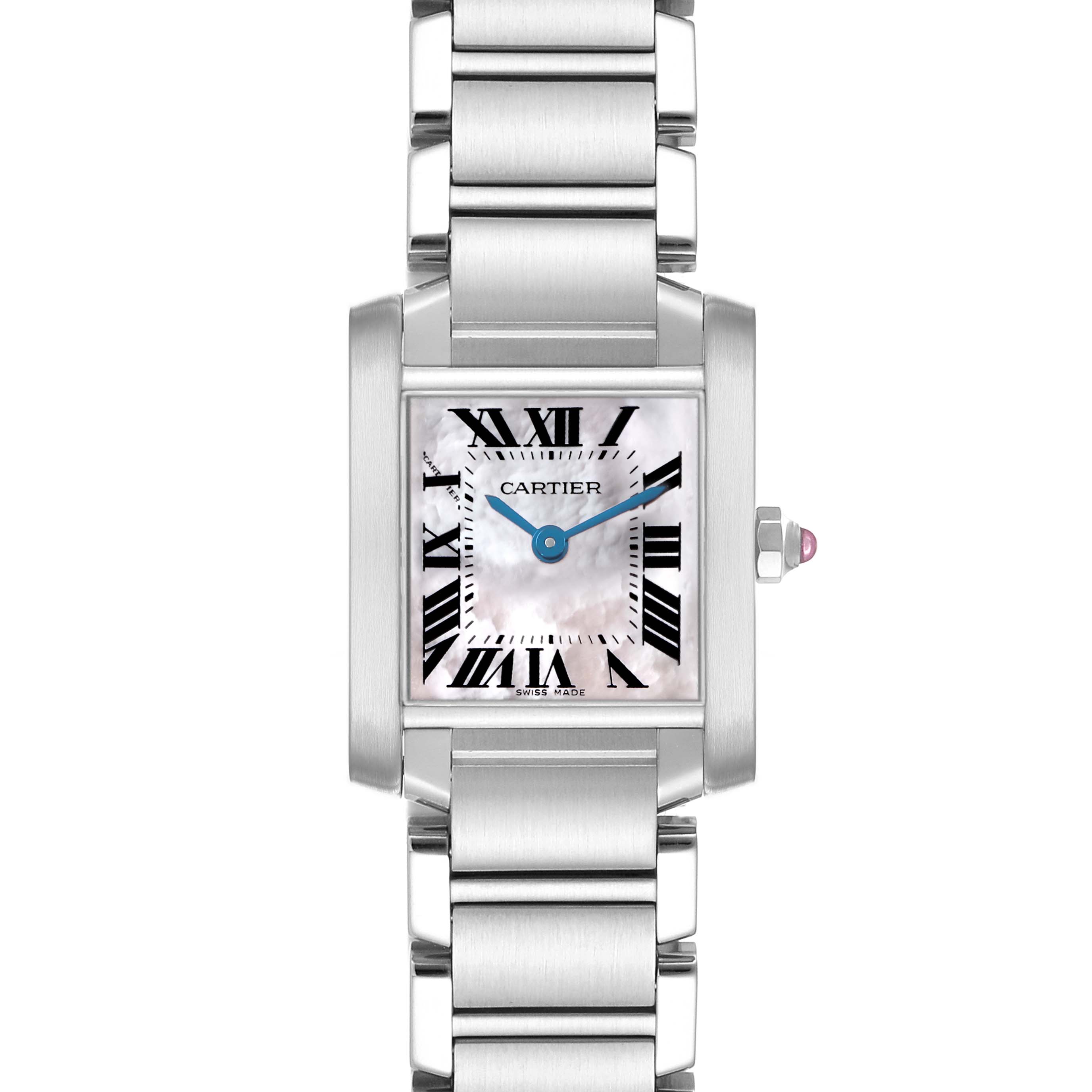 The Cartier Tank Francaise W51028Q3 Women's Stainless Steel Mother of Pearl Dial watch is shown from the front, displaying its face, Roman numerals, and metal bracelet.