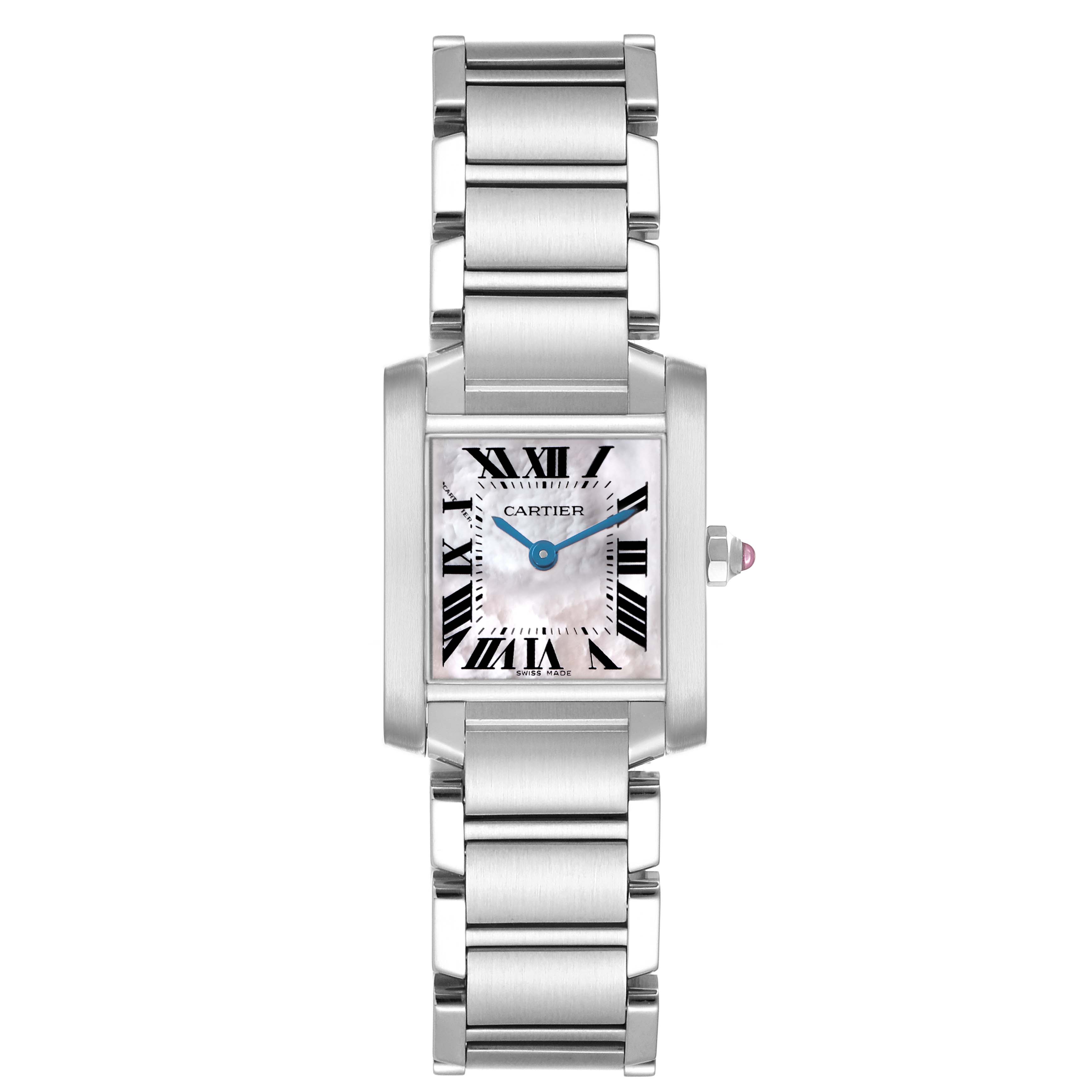 The Cartier Tank Française watch is shown straight-on, displaying its face, Roman numerals, bracelet, and blue hands.