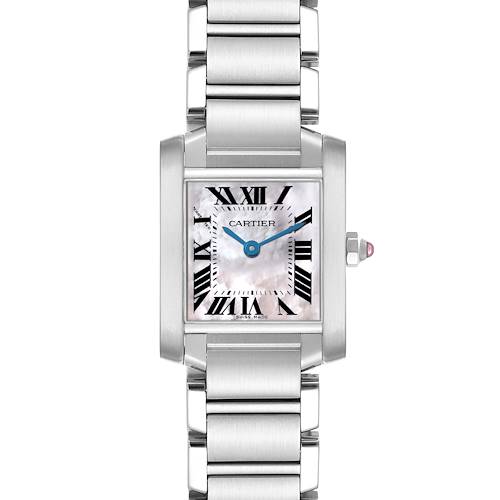 The Cartier Tank Francaise W51028Q3 Women's Stainless Steel Mother of Pearl Dial watch is shown from the front, displaying its face, case, crown, and bracelet.